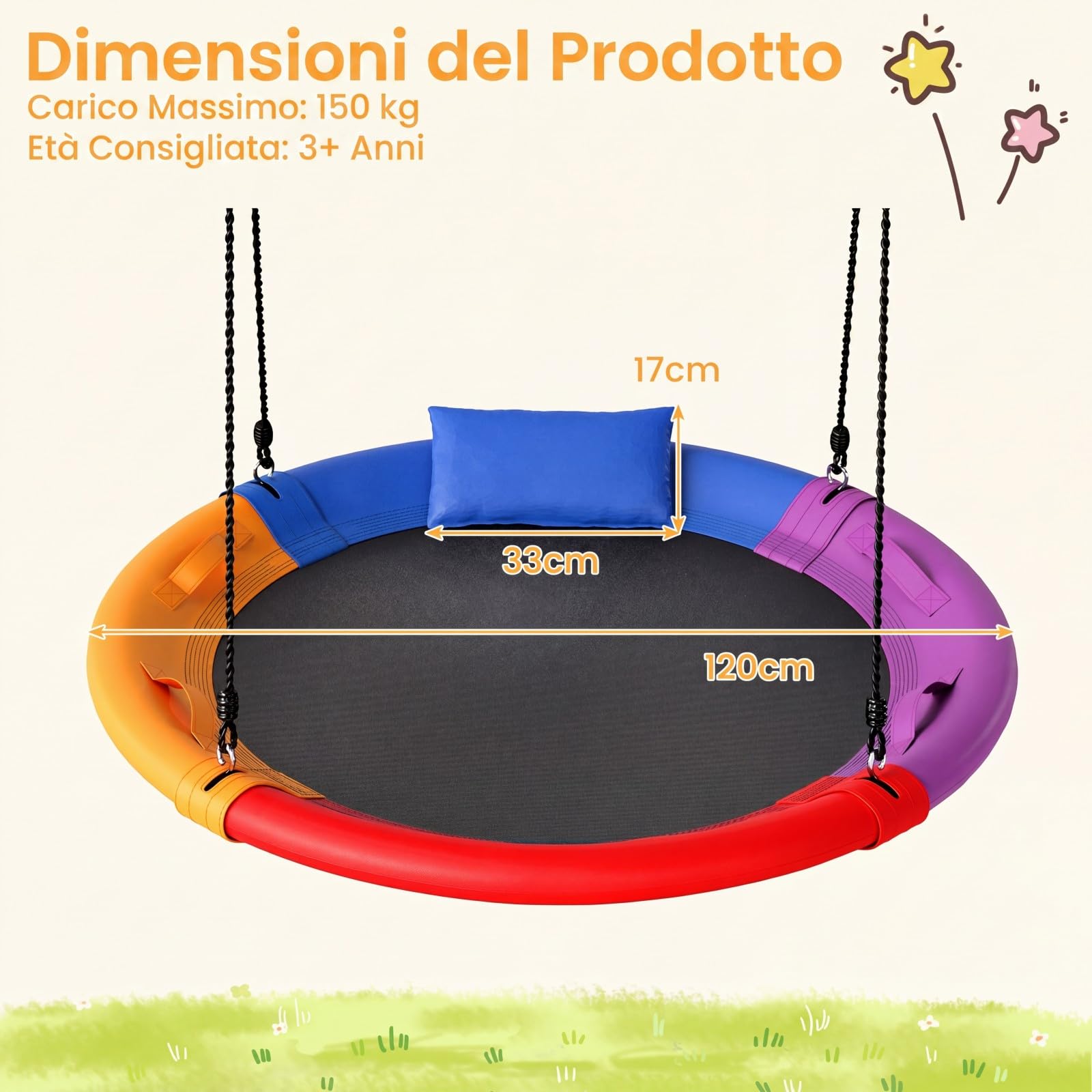 COSTWAY Altalena da Giardino per Bambini 120 cm, Sedia Sospesa Giardino con Telaio in Metallo, Poggiatesta Rimovibile, Lunghezza Regolabile, Portata 150 kg, per Cortile Giardino