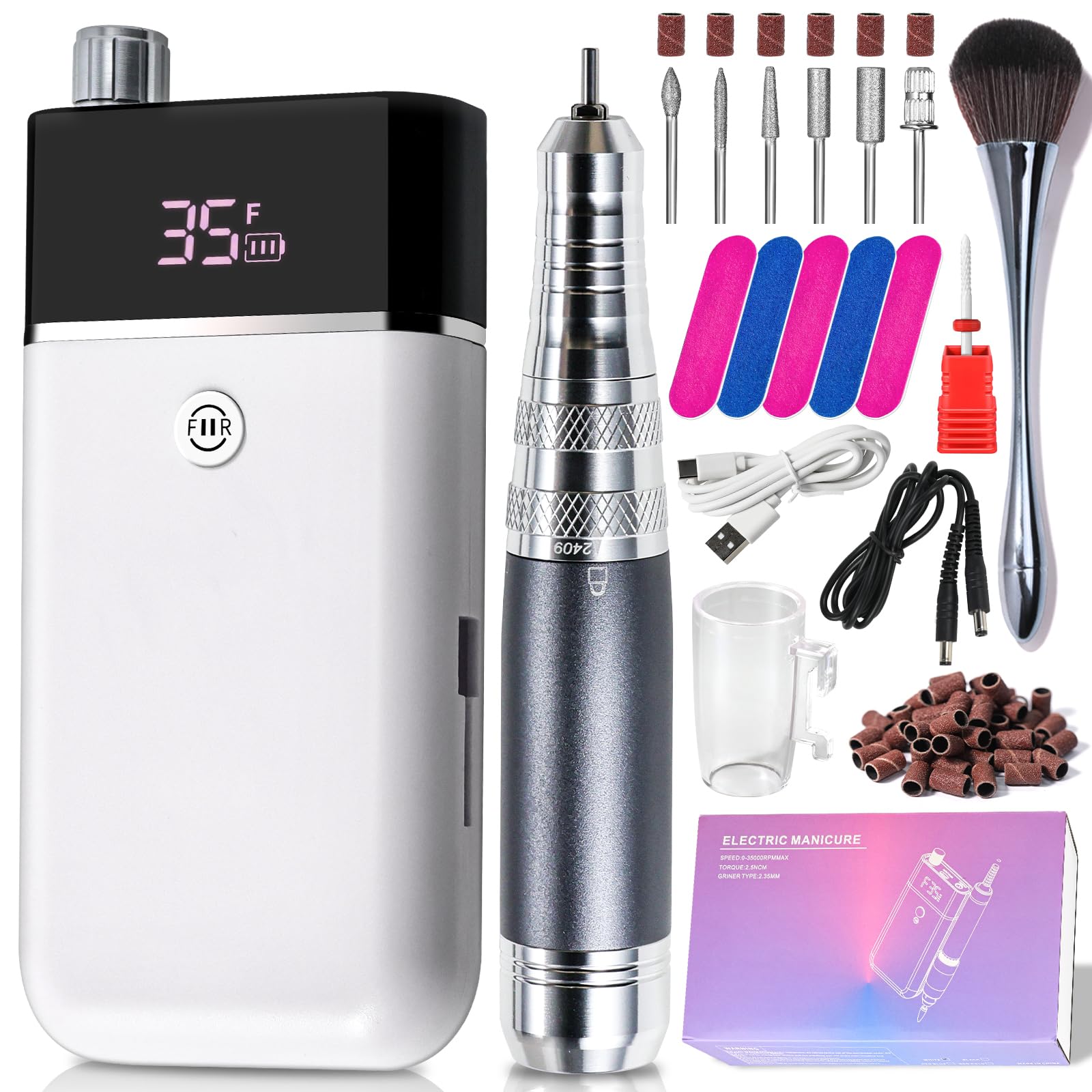 Kit profesional de taladro eléctrico de uñas, lima eléctrica para uñas acrílicas, lima inalámbrica de 35000 RPM E para uñas, máquina de taladro de uñas portátil, kit de lima de uñas, molinillo de uñas