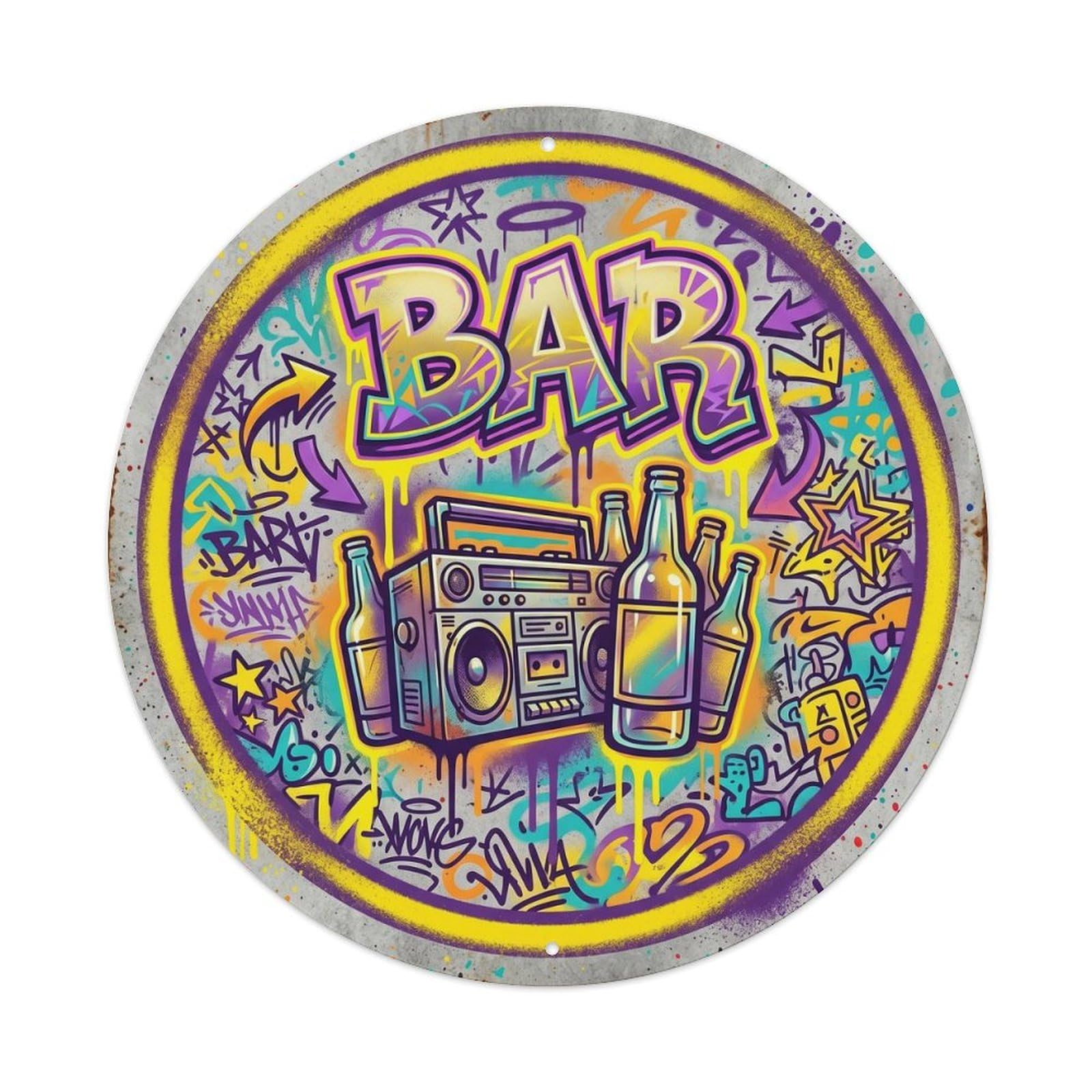 BAR Urban Graffiti Plate Metal Tin Sign Plaque Wall Decor for Cafe, Club Bar, Office, Home Garden Round Metal Poster 8x8Inch