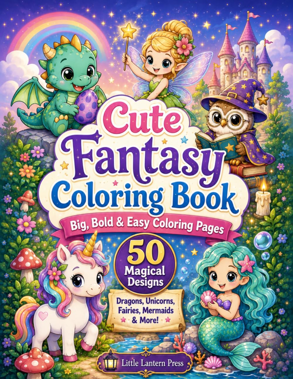 Cute Fantasy Coloring Book: Big, Bold & Easy Coloring Pages of Dragons, Unicorns, Fairies, Mermaids, Wizards, Castles, and Magical Creatures