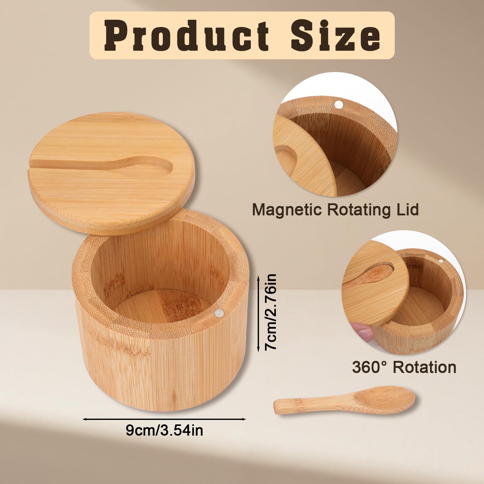 2 saleros con tapa y cuchara, recipiente de sal de madera para cocina, olla magnética pequeña, barril de sal, salero de bambú con etiqueta adhesiva, almacenamiento de sal y azúcar