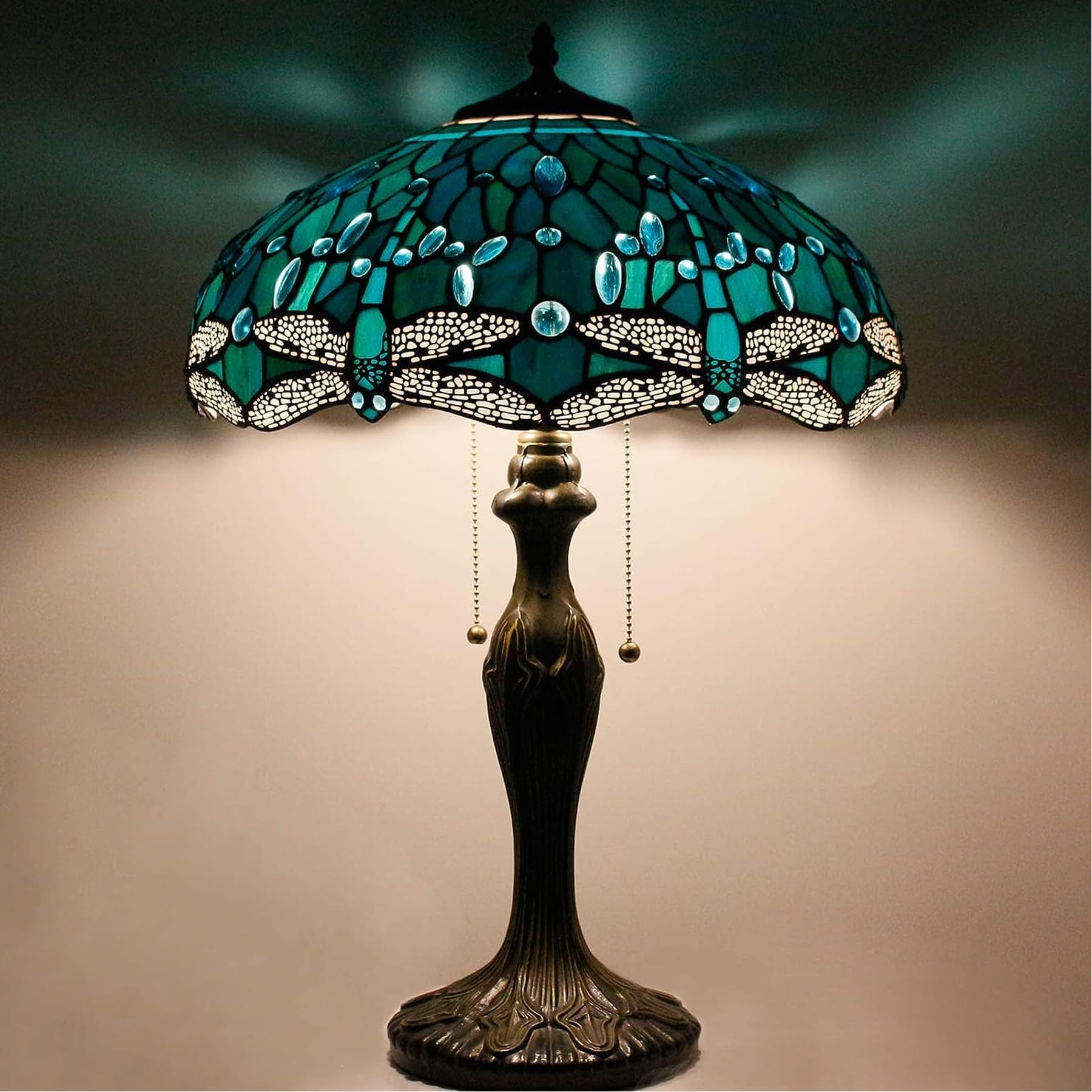 WERFACTORY Tiffany Table Lamp Green Stained Glass Dragonfly Bedside Lamp 16X16X24 Inches Desk Reading Light Metal Base Decor — view 8