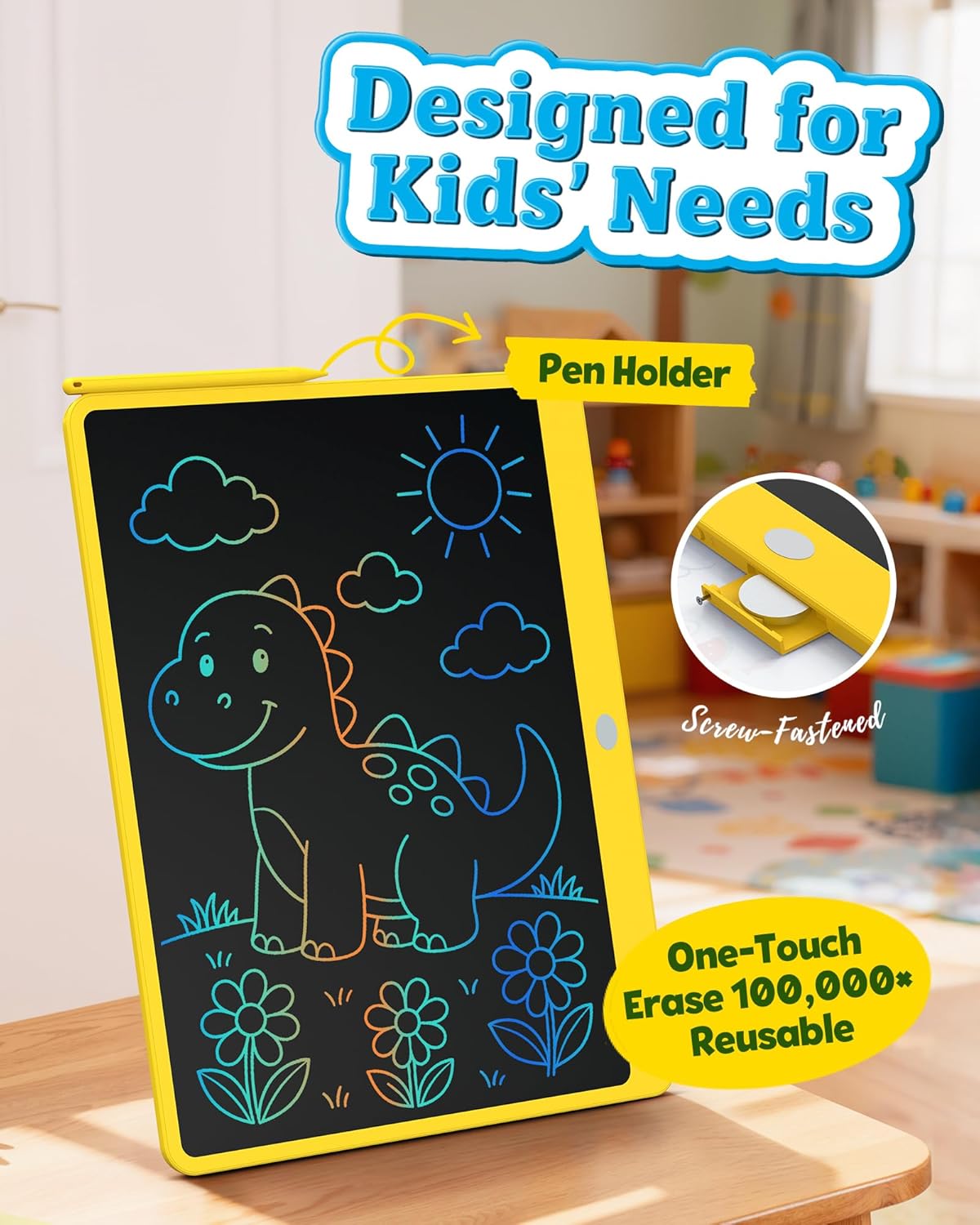 Bravokids 16 Inch LCD Writing Tablet for 3-8 Year Olds - Electronic Drawing Pad and Doodle Board as Educational Birthday Gifts for Girls and Boys (Yellow)