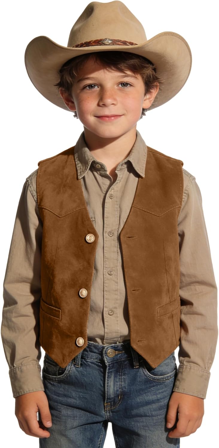 Boys Vest Leather Western Cowboy Dress Vests with Pockets Vintage Suede V Neck Formal Wedding Waistcoat