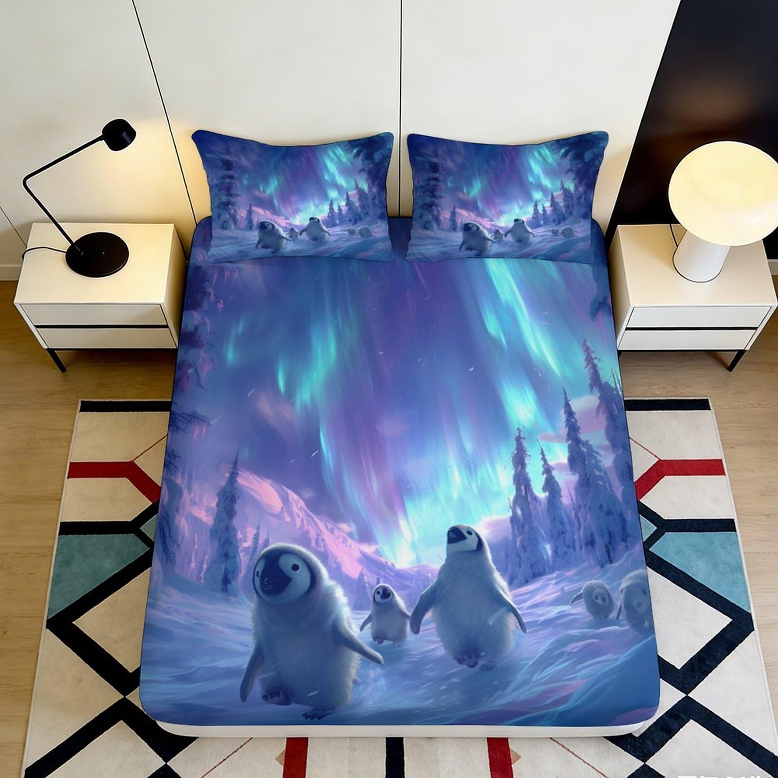 3D Printed Aurora Polar Bear Fitted Sheet Microfiber Non-Slip Deep Pocket Bedding Aurora Polar Bear Mattress Fitted Cover 140x200x25cm