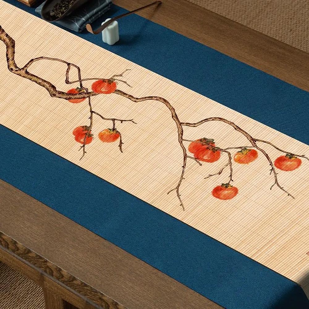 Asian Style Bamboo Table Runner, Ancient Chinese Landscape Flower Paintings Zen Table Mat for Kitchen Dining Bedroom Decoration (Persimmon Everything Goes Well, 12"x72")