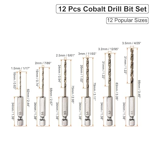 Miniatura 2 de uxcell Juego de 12 brocas de cobalto, 12 tamaños de 19"-14" de diámetro de perforación M35, brocas hexagonales para acero, aluminio, cobre, acero de