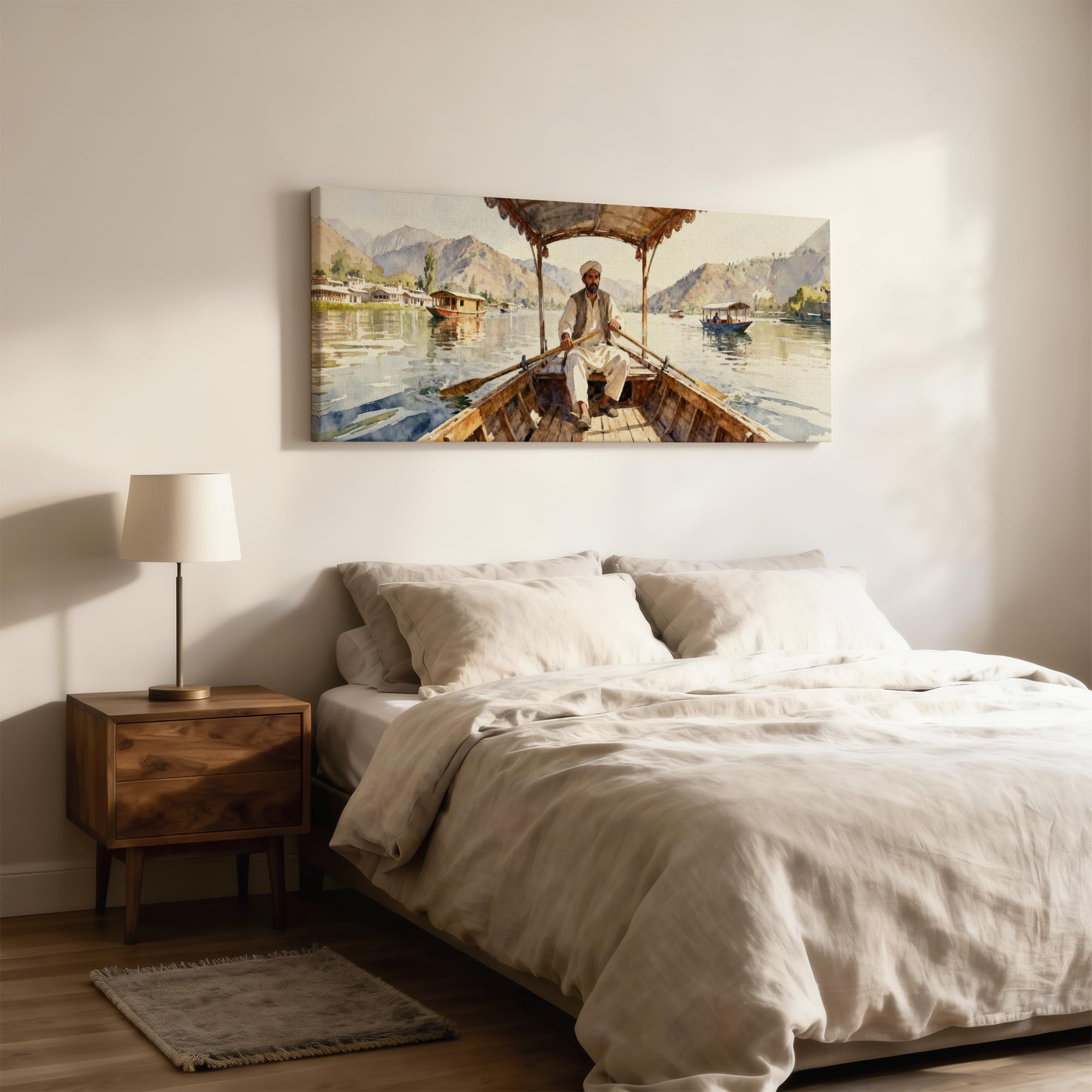 SoulAbiti Shikara Ride on Dal Lake Unframed 36x14 inches Rolled Canvas Wall Expressionism Art UV Print Painting for Living Room, Bedroom & Office Decor Premium Gloss Vivid Fade-Resistant Print 4