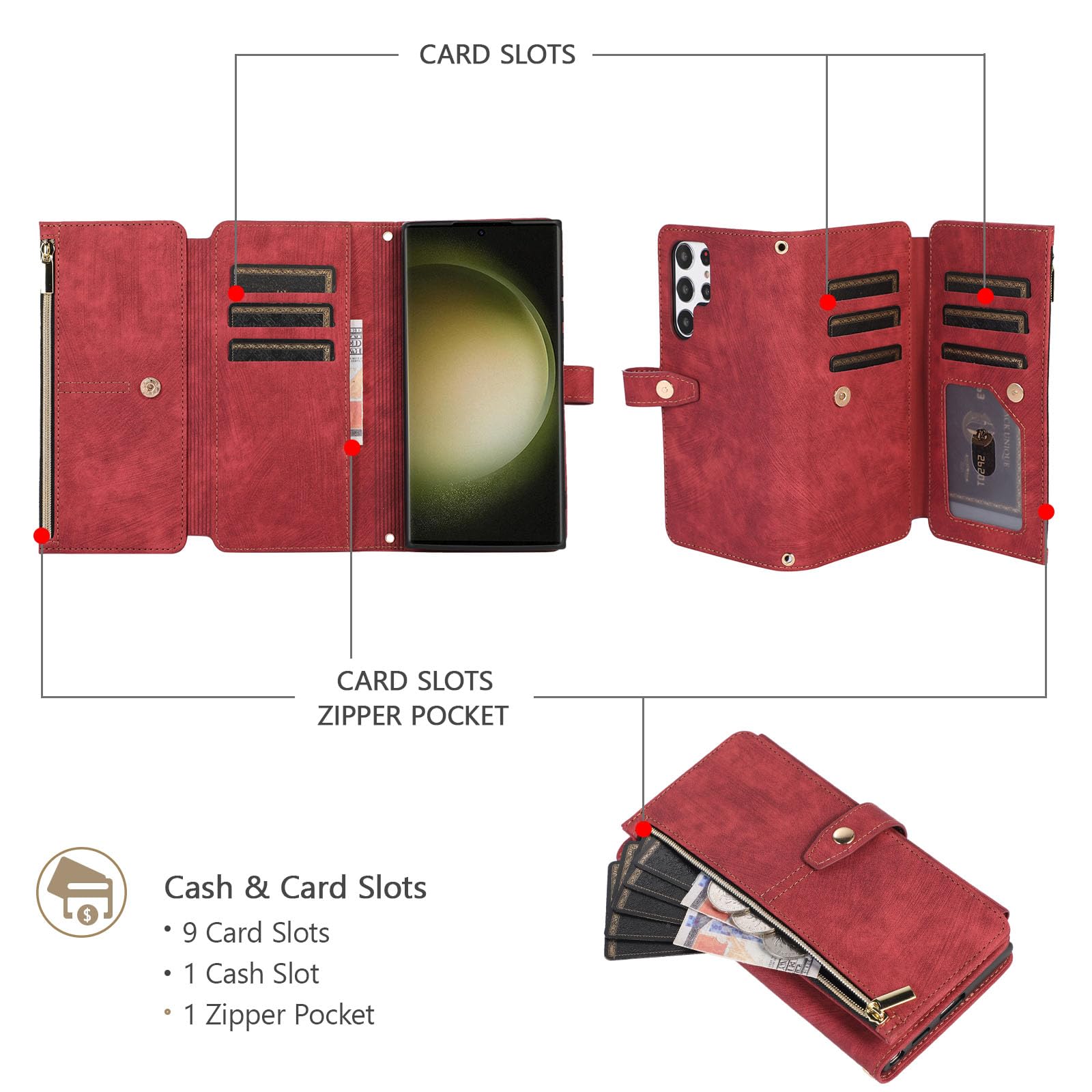 UEEBAI Wallet Case for Samsung Galaxy S24 Ultra 5G, 9 Card Slots Retro Leather Wallet Shockproof Flip Cover with Hand Strap Card Slots Zipper Pocket Kickstand Handbag Magnetic Closure - Retro Red