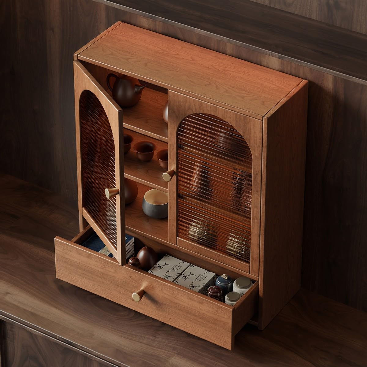 Mueble De Sobremesa Madera con Puertas Acrílicas Acanaladas 47cm Alto Puerta Sencilla O Doble 20cm 40cm Ancho Cajón Antipolvo para Juego De Té Sala De Té Encimera (
