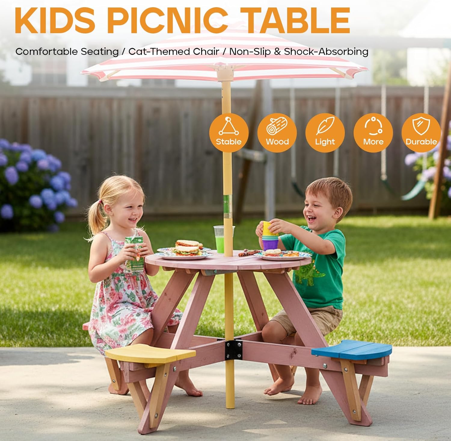 Kids Picnic Table & Chairs/Umbrella, Low Wooden Cedar Playset, Outdoor Toys, Backyard Patio Lawn Furniture for Toddlers 3-8, Small Art & Water Play Gardening Sensory Table Red 47.2x59.8