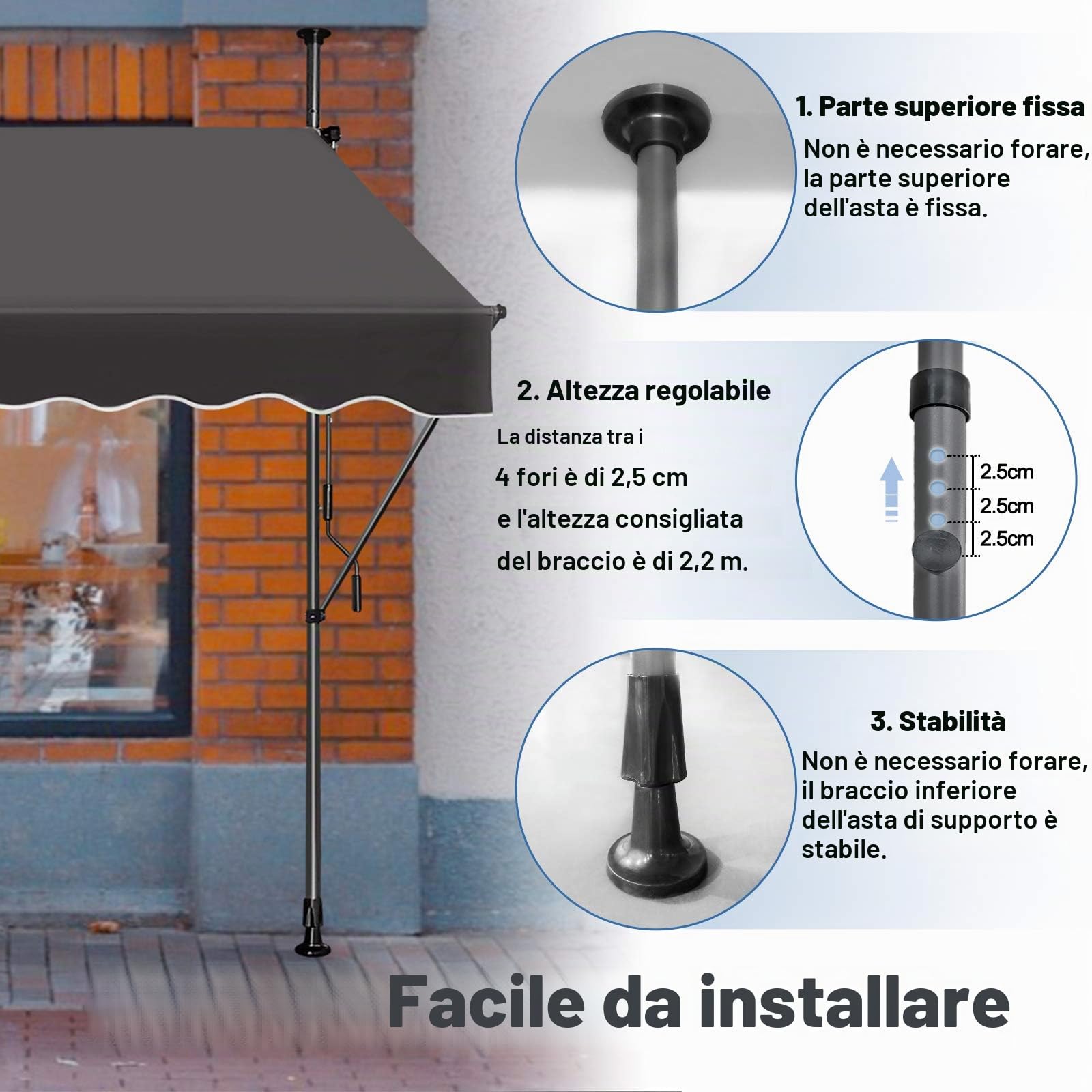 LZQ - Tenda da sole a clip per balcone, tenda retrattile manuale, manovella, regolabile in altezza, resistente ai raggi UV, senza fori, 100% poliestere, grigio scuro, 200 x 120 cm