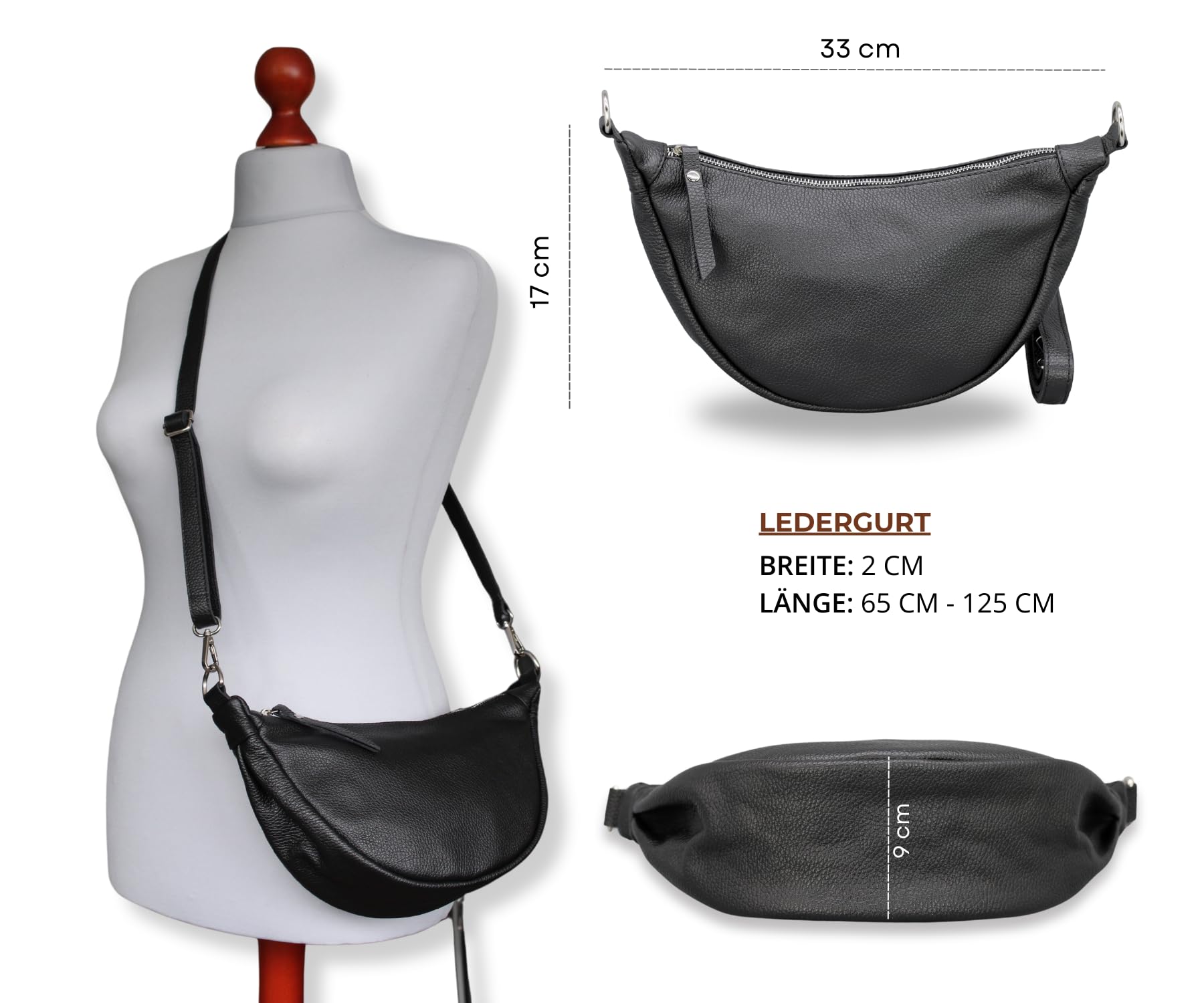Brise Art PETRA Damen Moon Bag Echtleder Handgefertigt Halbmond Tasche