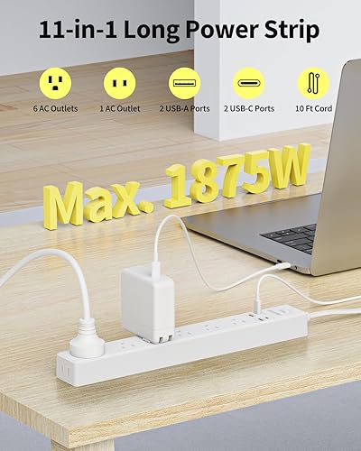 Miniatura 2 de Regleta protectora contra sobretensiones de 10 pies, 7 tomacorrientes, 4 puertos USB (2 USB C), cable de extensión plano ultrafino y enchufe plano,