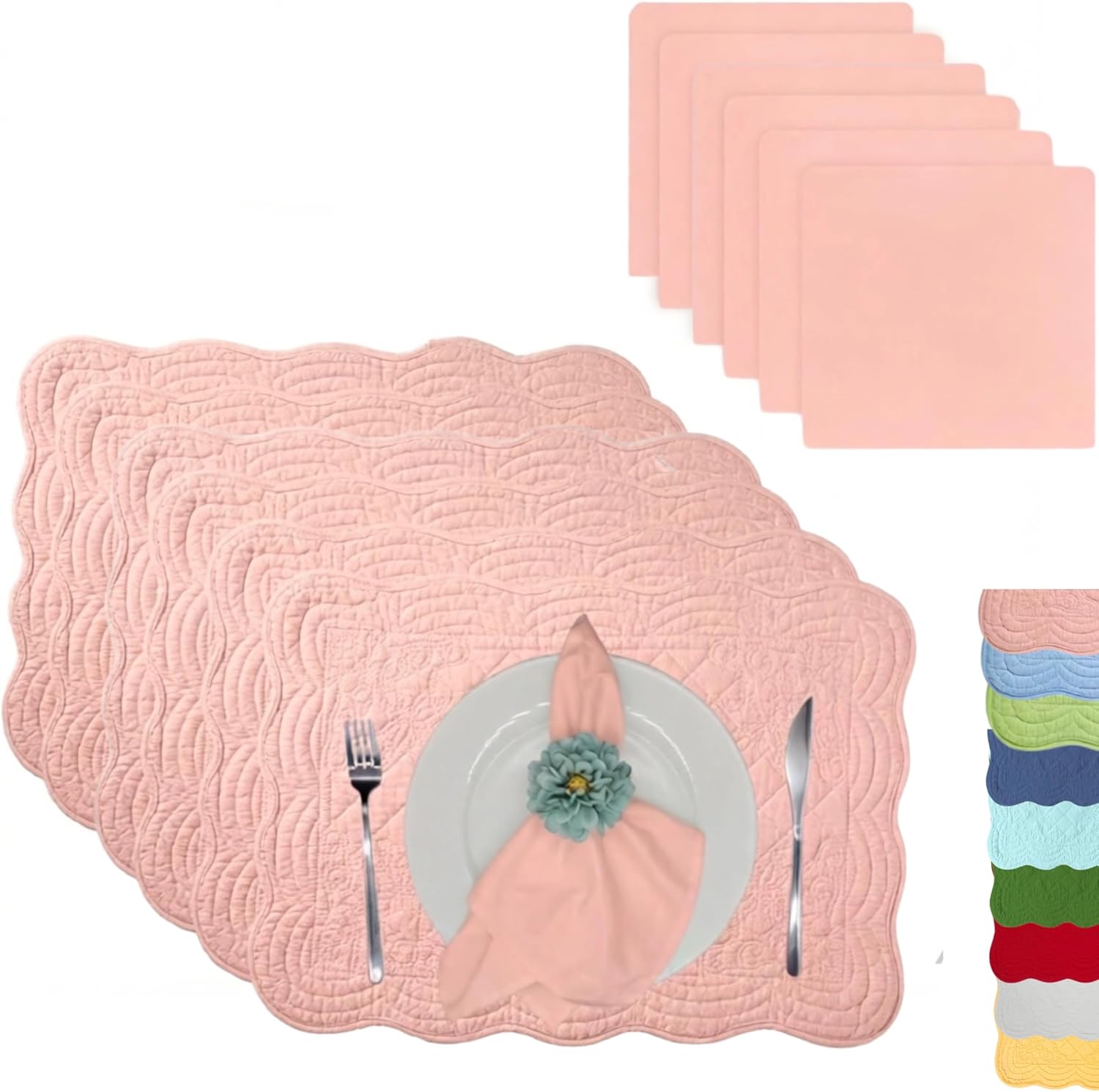 Quilted Cotton Placemats Set of 6 with Matching Napkins – 100% Cotton Table Mats & Cloth Napkins, 12-Piece Solid Blush Pink Table Linen Set for Everyday Dining & Special Occasions