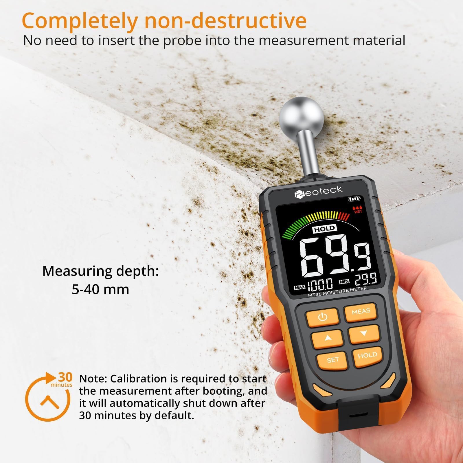 Neoteck Medidor de Humedad Recargable con Alarma Acústica, 5-40 mm Detector para Madera, Yeso, Cemento