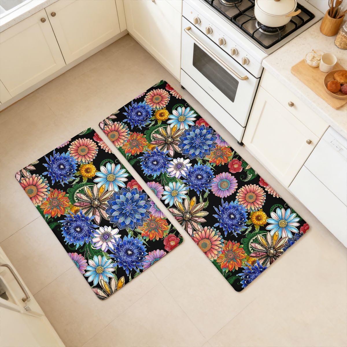 Feelyou Boho Floral Kitchen Rugs Sets 2PCS Bohemian Flowers Kitchen Mats for Floor Blue Cushioned Anti Fatigue Waterproof Non-Slip Rugs for Office Laundry Room Decor Accessories
