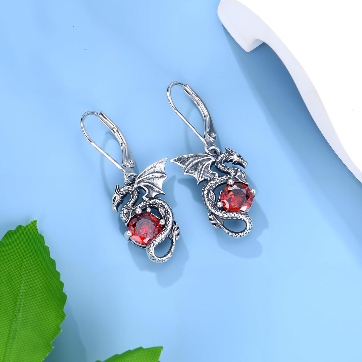 Dragon Dangle Earrings 925 Sterling Silver Vintage 6mm Round Garnet Dragon Leverback Earrings Jewelry Gift For Women - Image 2