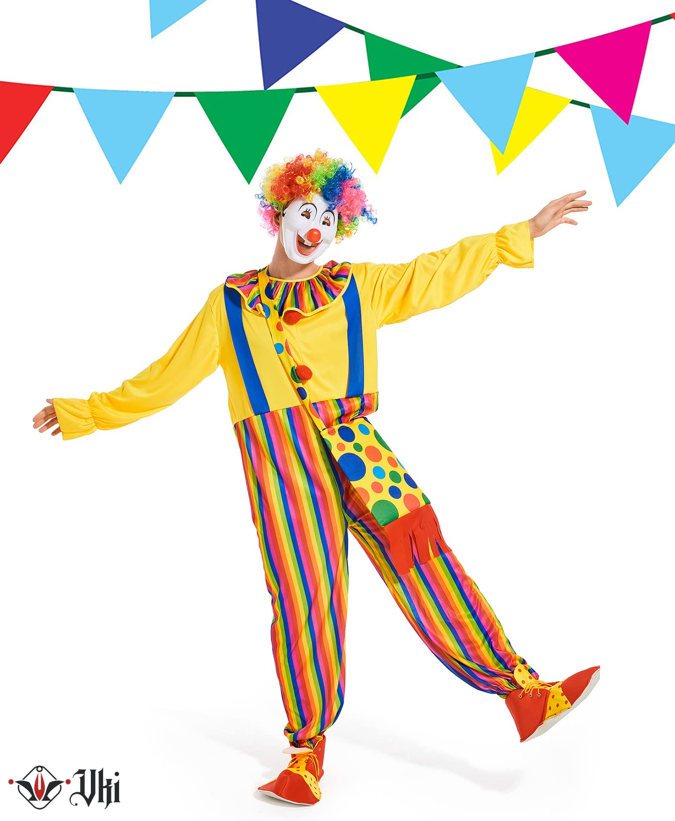 VKI® Ensemble de Costume de Clown Deguisement Adulte, Vêtements de Clown, Perruque, Masque, Nez, Sac, Chaussures de Clown, Accessoires de Costume D'Halloween, Cirque, Cosplay de Carnaval