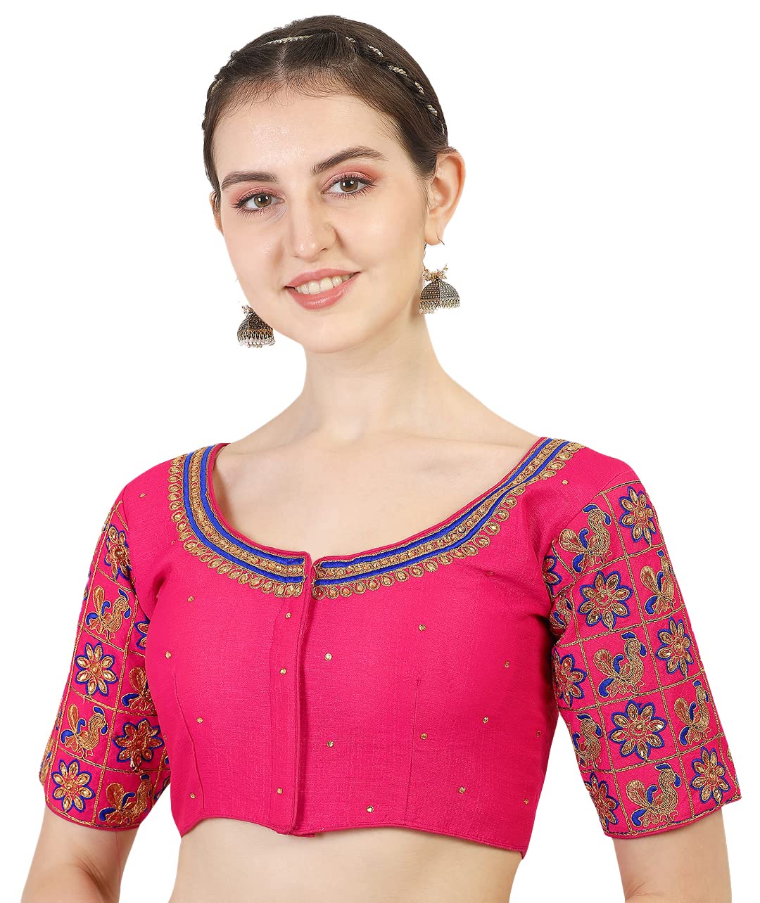Pujia Mils Women's Silk Embroidery Half Sleeve Blouse (Mayura - Blouse_Pink_38)