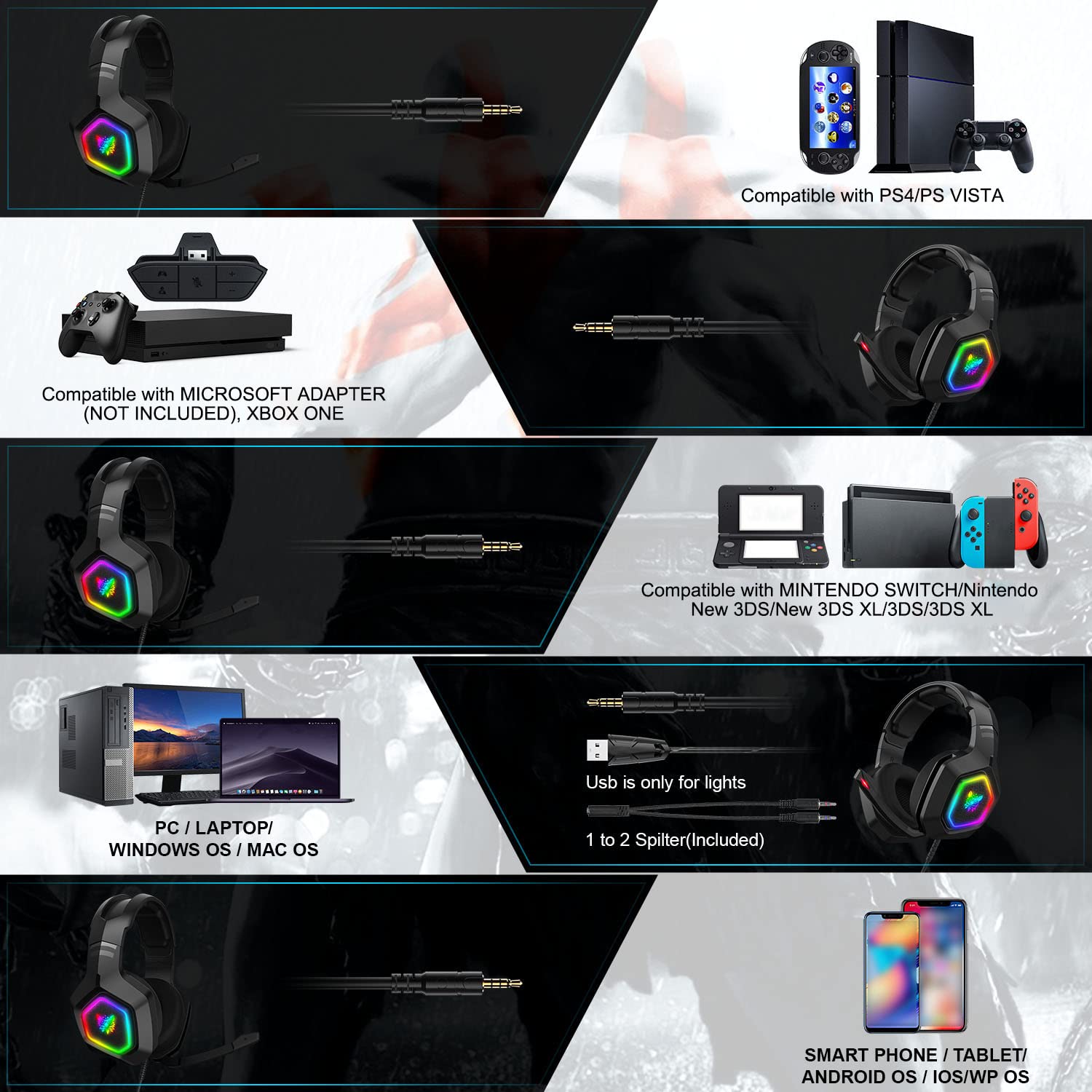 Eacam ONIKUMA K10 RGB-Gaming-Headset mit Mikrofon, Kabelgebundene Kopfhörer mit Geräuschunterdrückung für Computer-PC-Spieler, USB-Stecker, Bequeme Ohrmuscheln, Klarer Surround-So