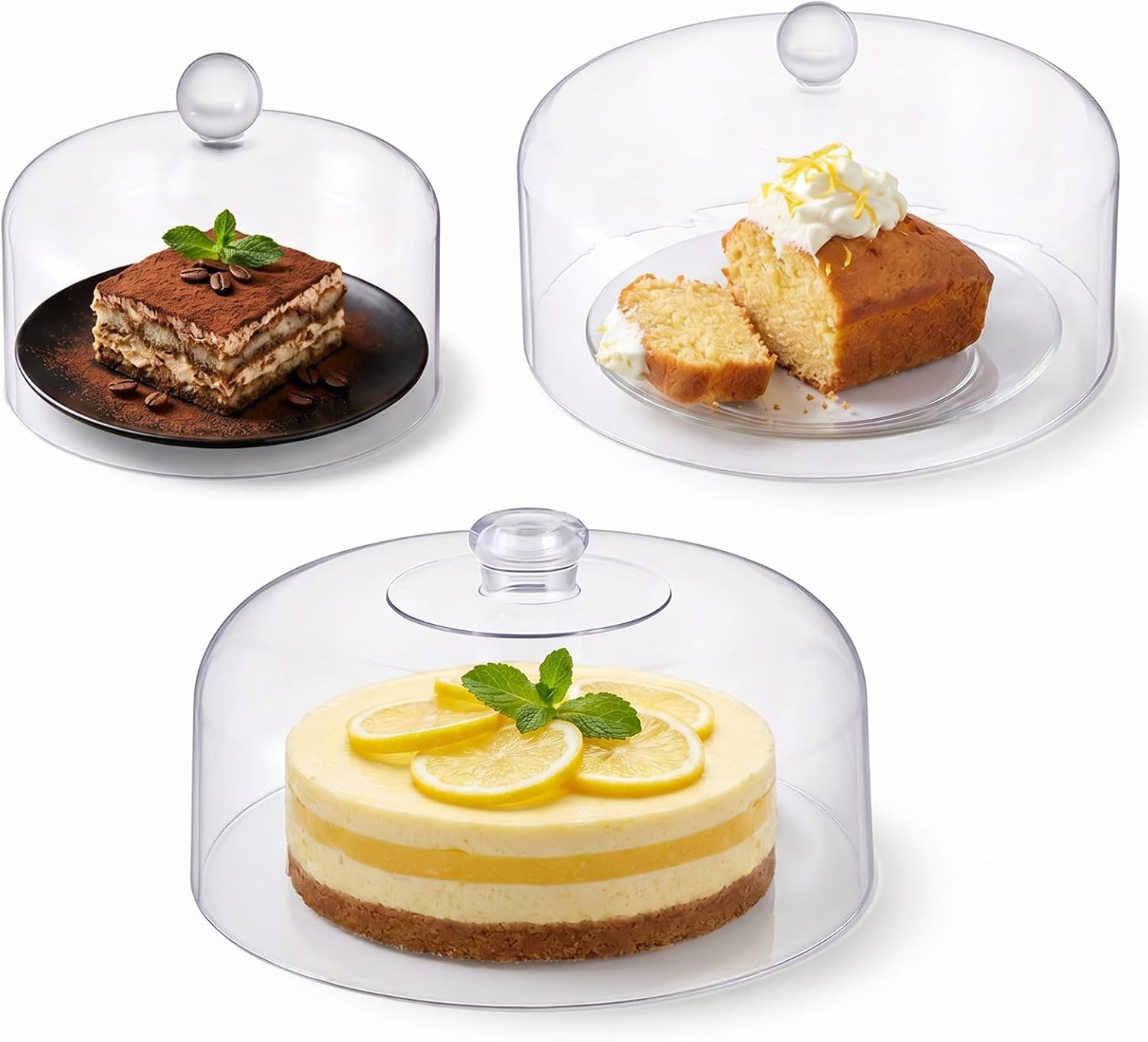 3 Pcs Clear Cake Dome Cover Set, 6.3" 9" 11" Acrylic Cake Stand Cover Transparent Plastic Food Cloche for Display Serving Platter with Handle
