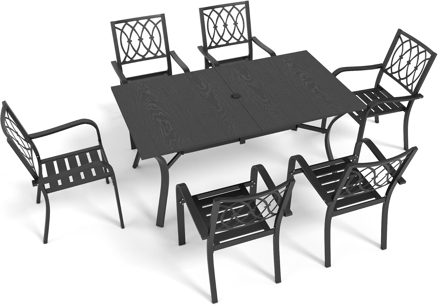 7-Piece Outdoor Patio Dining Set, 63" Rectangular Metal Table with Umbrella Hole and 6 Chairs, Rustproof, 350 lbs Capacity