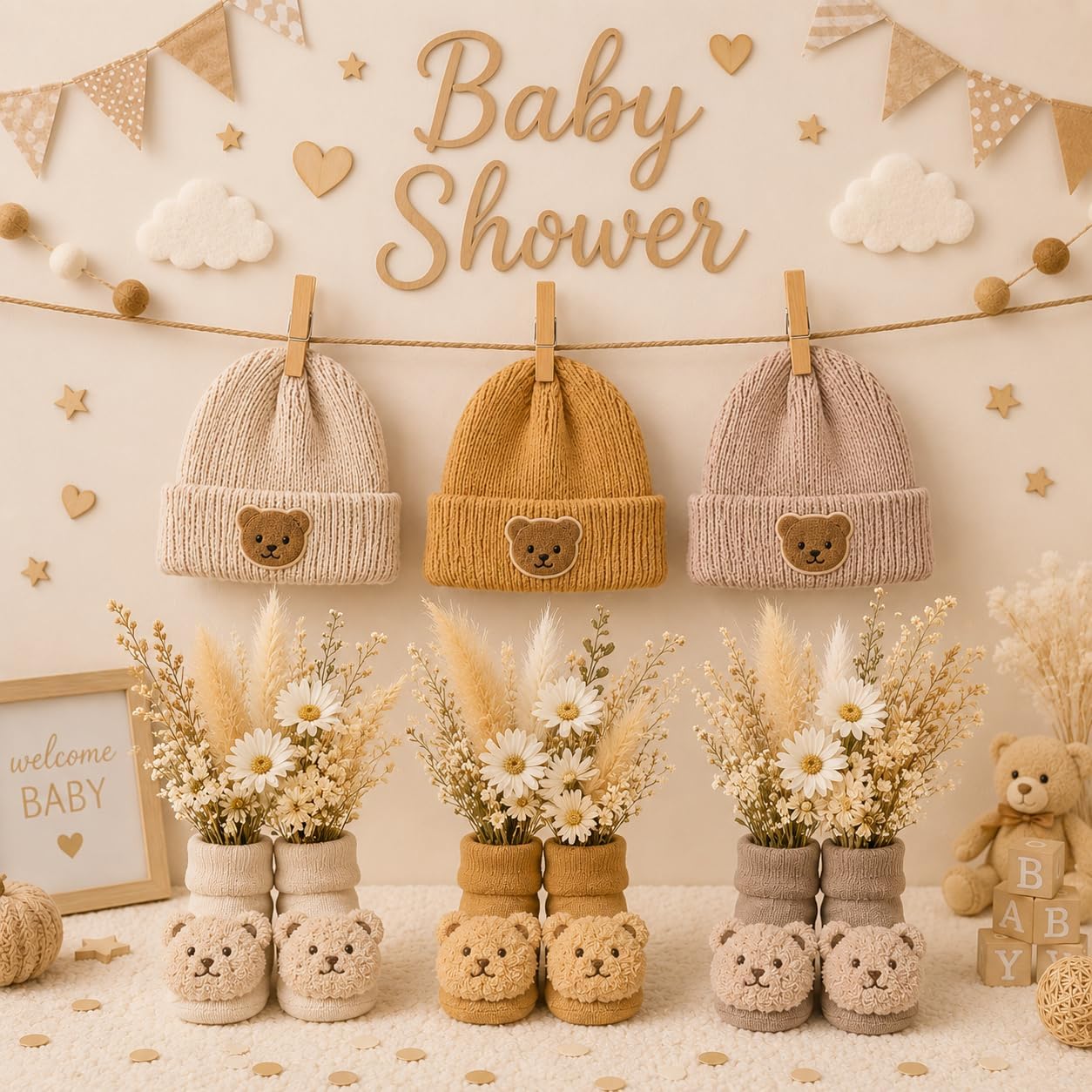 3 Set Baby Shower Table Decorations Bear Theme Socks Bulk with Dried Flower and Knit Hat for Photo Props Gender Reveal Table Centerpieces Baby Party Supplies Neutral Party Decor