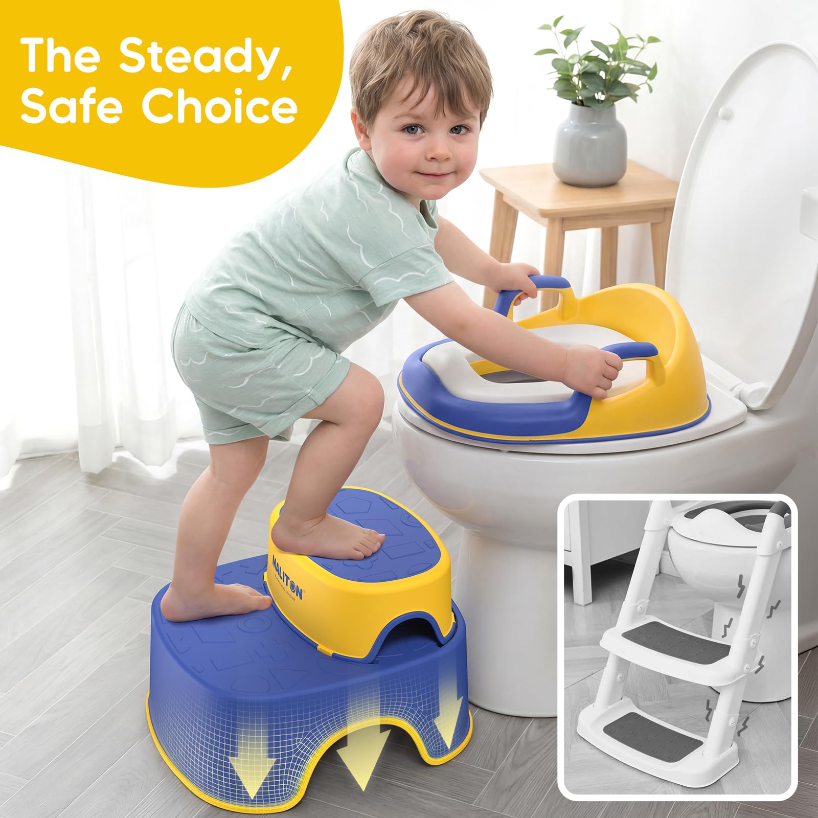 Rehausseur Toilette Enfant avec 2 Marches Pied Transportable, Reducteur Toilette de 1 à 8 Ans garçons et Filles, Coussin Anti-éclaboussures Reducteur de WC avec Marche Pied Bébé (Bleu-Jaune)