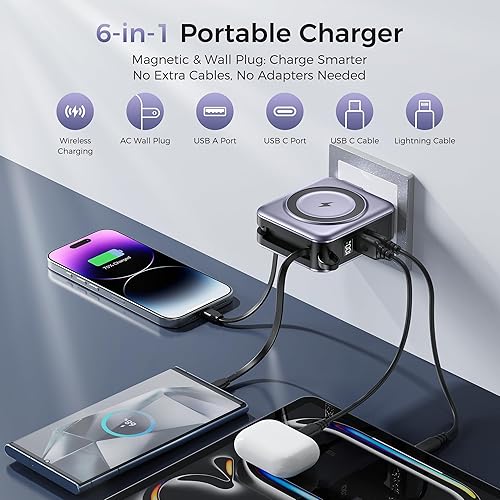 Miniatura 2 de Cargador Portátil Magnético 6-en-1 de 10000mAh – Carga Rápida de 22.5W con Enchufe de Pared AC, Cables USB-C y Lightning Incorporados para iPhone