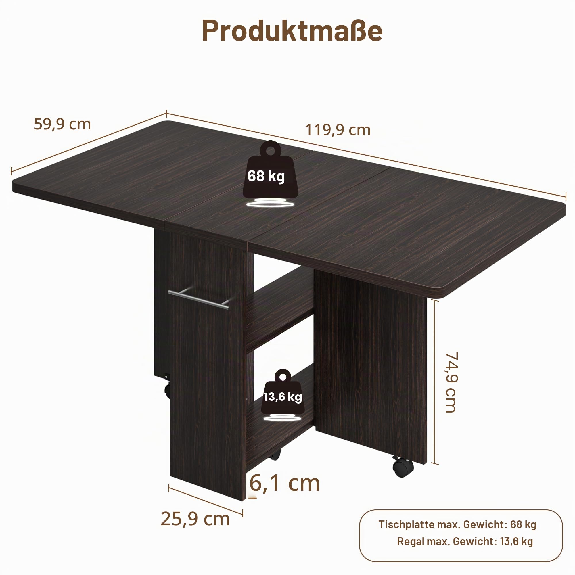 Zstar Platzsparender, Faltbarer Essenztisch Mit Ausziehbarem Drop-Leaf-Design, 2-Stufigem Stauraum Und 6 Feststellbaren Rollen – Erweiterbarer Holztisch Für 4 Personen, Schwarz