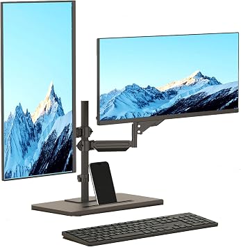 Suptek Freestanding Dual Monitor Stand for 2 Screens up to 32 Inches, Height Adjustable Monitor Arms Hold 22 lbs Each, Full Motion Dual Monitor Mount with Large Stable Base, VESA 75/100