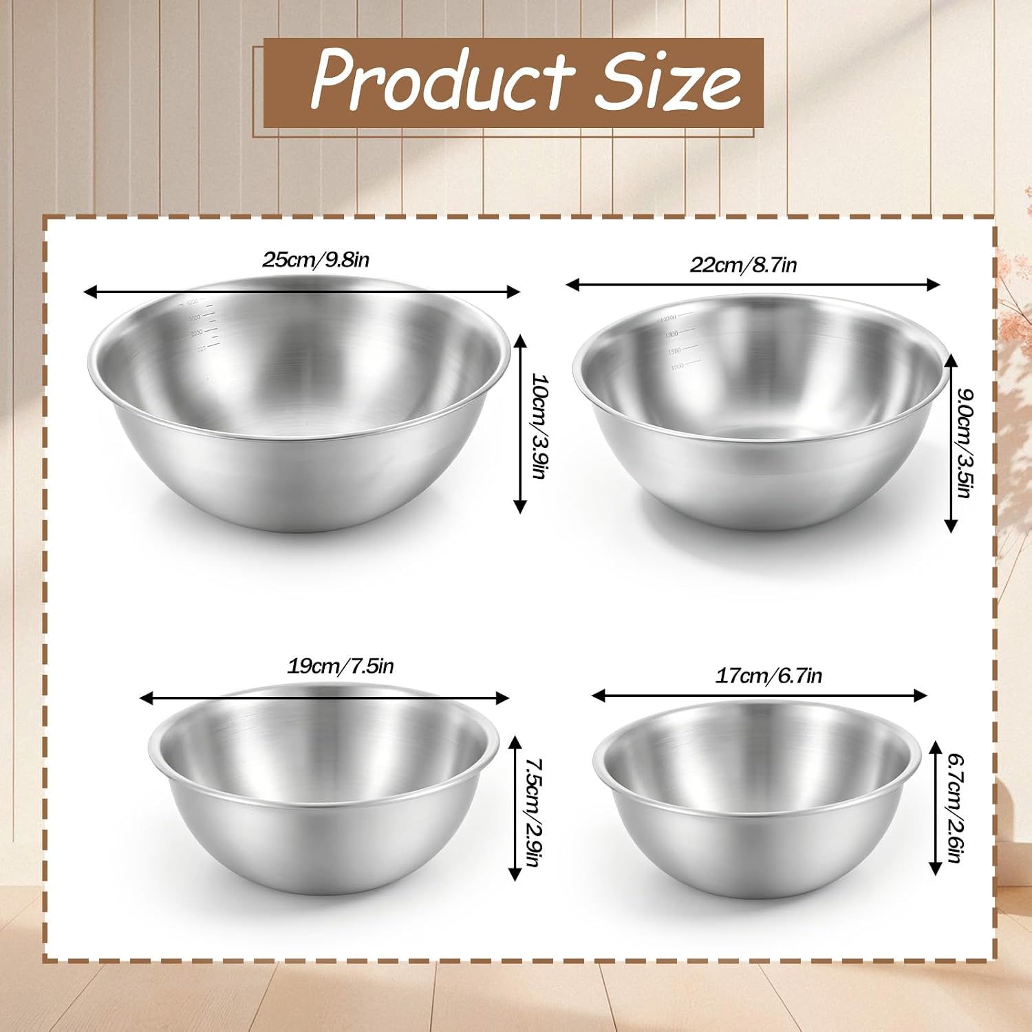 4 Pcs Stainless Steel Mixing Bowls, Metal Mixing Bowls, Nesting Metal Salad Prep Bowl, Reusable Metals Baking Food Container Large Medium Small for Kitchen, Nesting, Cooking, Baking