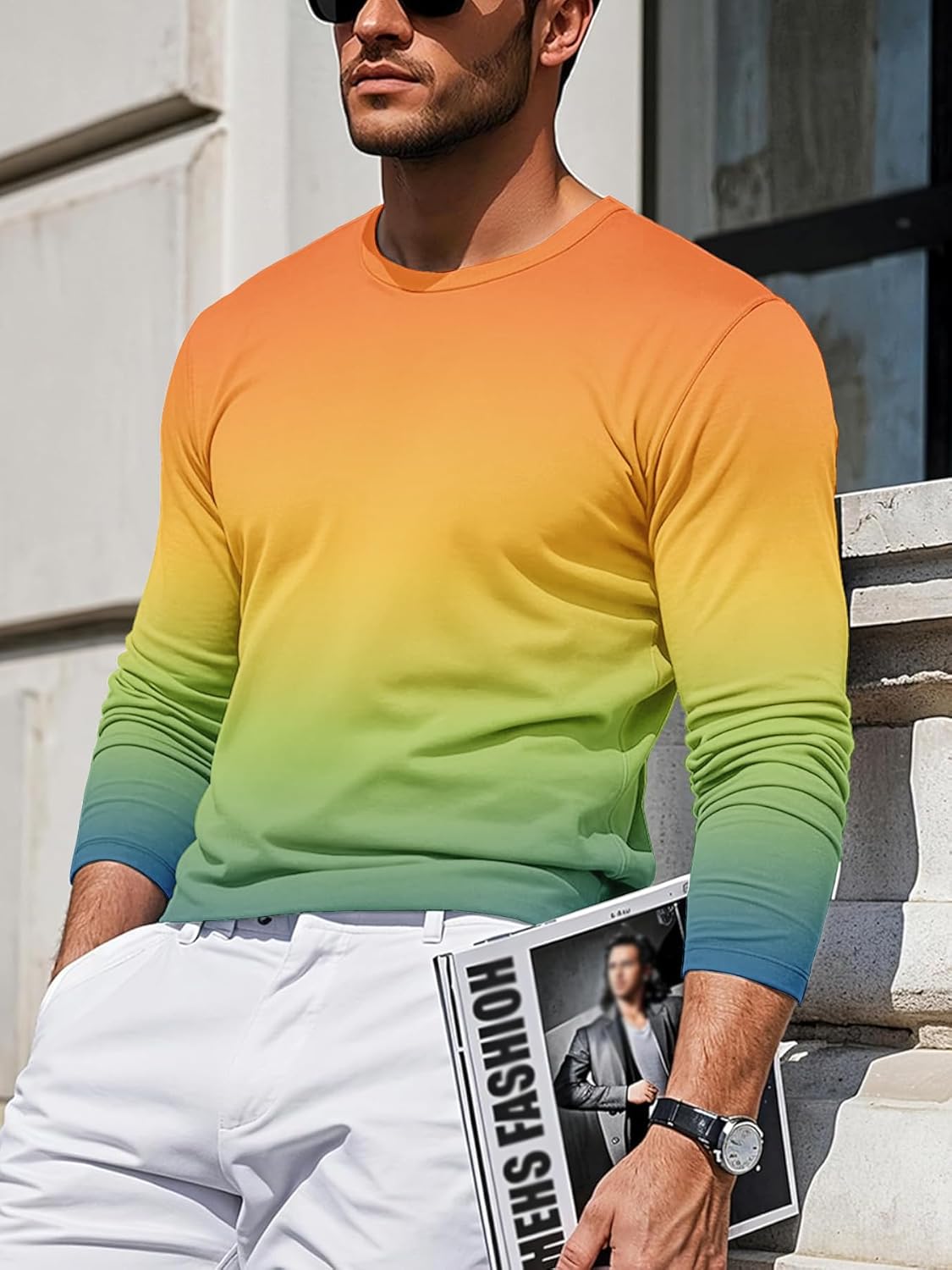 Men's Cotton T Shirts-Long Sleeve Athletic T-Shirt Gradient Shirt Casual Basic Tee - Image 3