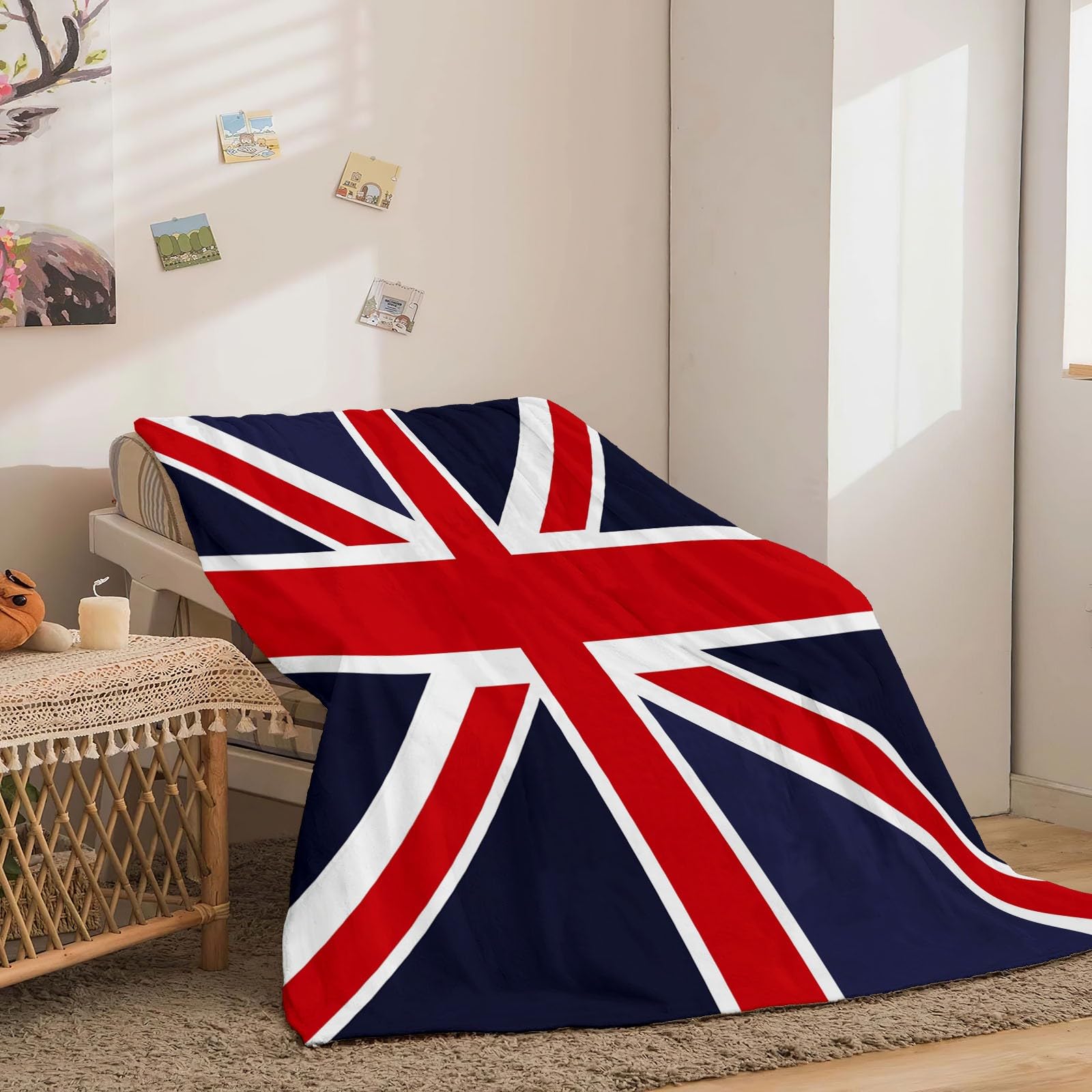 Einfache Union Jack-Flagge Bedruckte Weiche Wolldecke 150 x 200 cm Warme und Bequeme, atmungsaktive Flanell-Fleecedecke Blau und Rot Für Die Inneneinrichtung Kinder Erwachsene Matratze Sofadecke