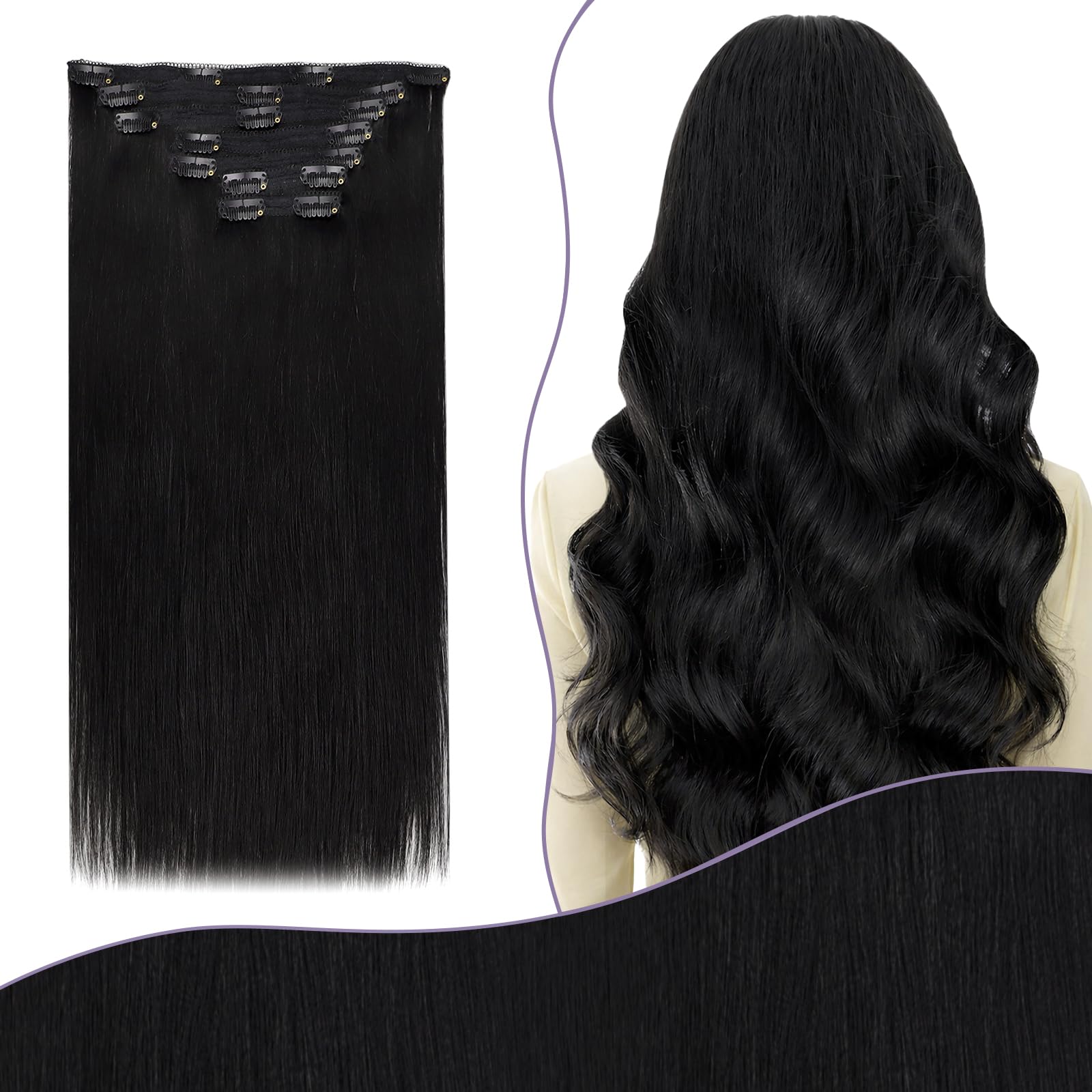 Fshine Extension Capelli Veri Clip Umani 135 G 16 Pollici Extension Lisce Lisci Capelli Nero Naturale Extension Veri 7 Pezzi Full Head Double Weft 1B