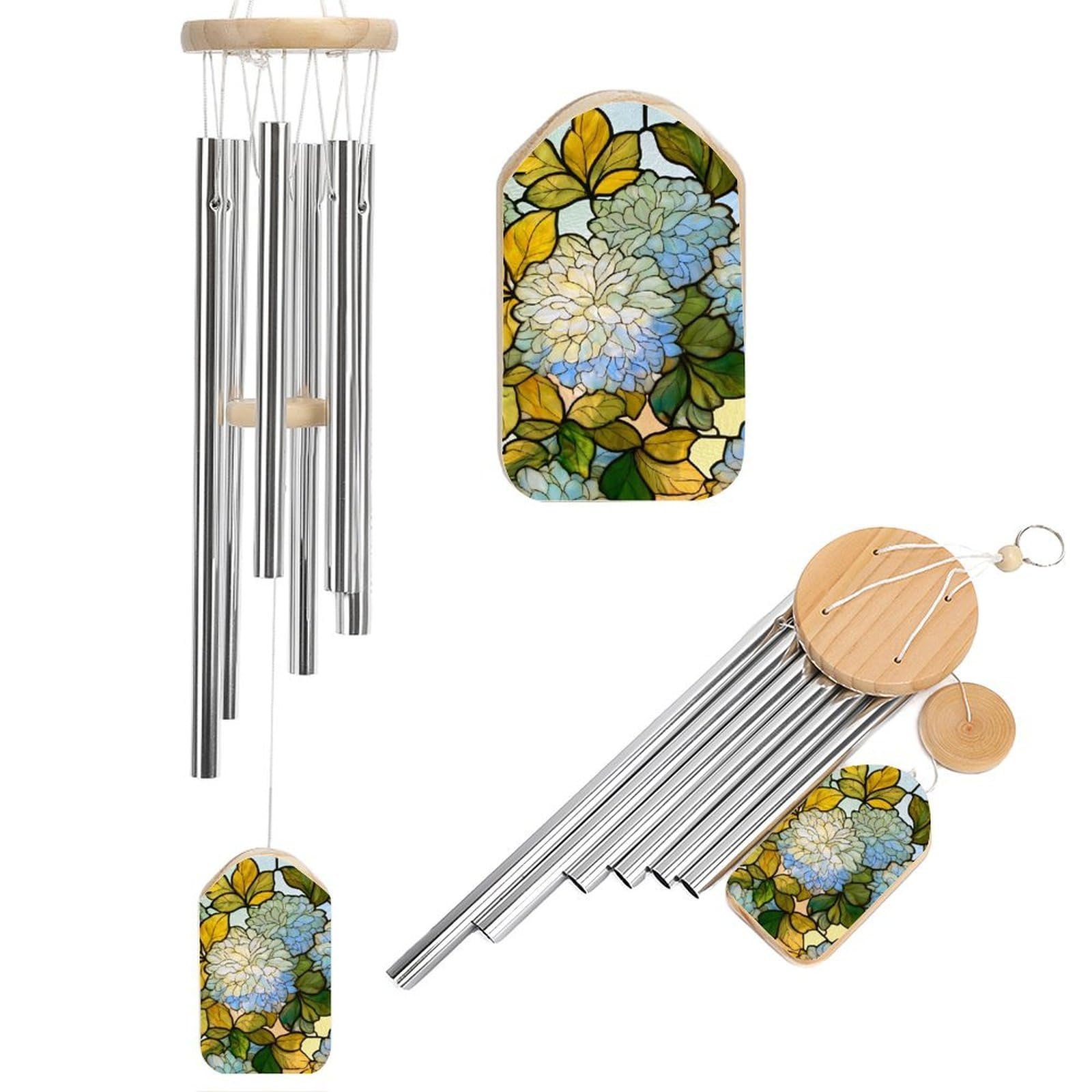 Stained Glass Pale Blue Chrysanthemum Flowers Wind Chimes Memorial Deep Tone Windchime with 6 Aluminum Tubes Outdoor Backyard Garden Decoration