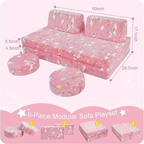 Miniatura 58 de MeMoreCool Sofá modular para niños de 1 a 3 años, 8 piezas de dinosaurio que brilla en la oscuridad, sofá de espuma para niños, juego convertible