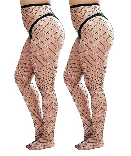 CURRMIEGO Womem's Sexy Black Fishnet Tights Plus Size Net Pantyhose Stockings - One Size - Black #1- 2pairs