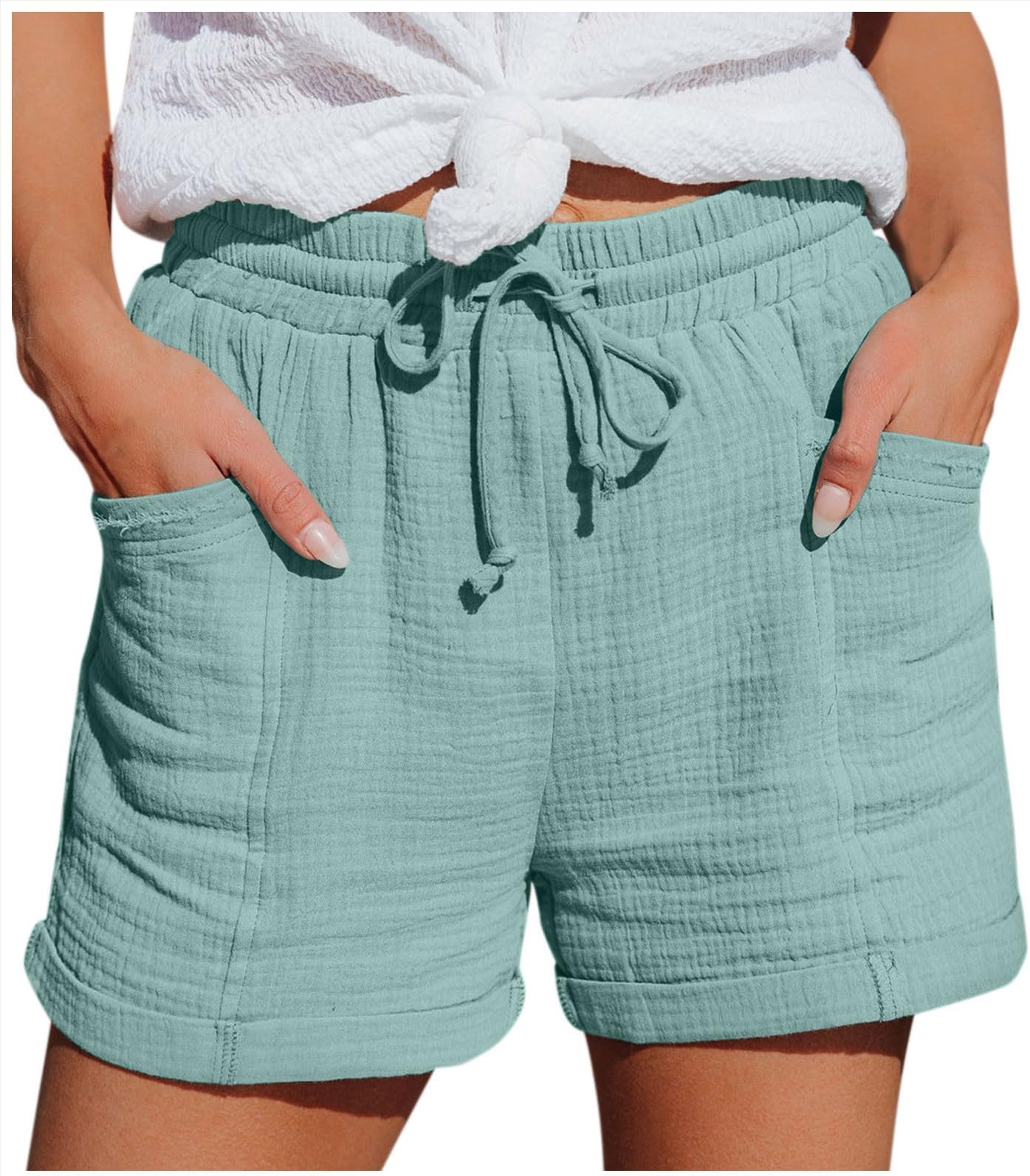 Casual Shorts for Women with Pockets High Waisted Beach Shorts Solid Color Wide Leg Shorts Drawstring Summer Shorts