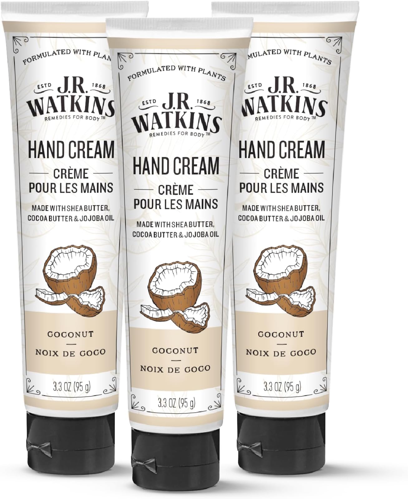 J.R. Watkins Natural Moisturizing Hand Cream, Hydrating Hand Moisturizer with Shea Butter, Cocoa Butter, and Avocado Oil, Cruelty Free, 3.3oz, Coconut, 3 Pack