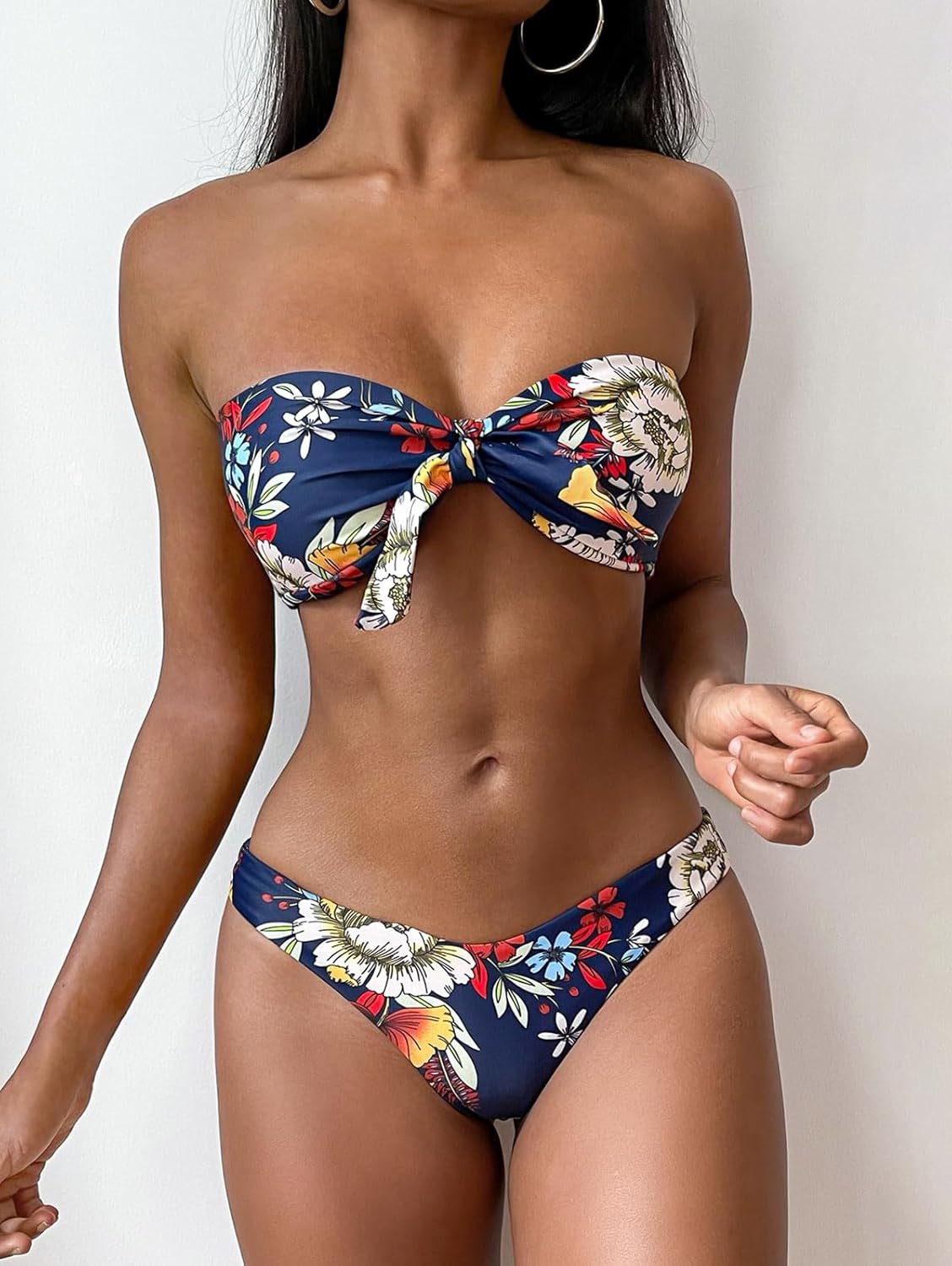 ZAFUL Knotted Bandeau Bikini for Women Strapless Swimsuits High Cut Bathing Suit Sexy Cheeky Tie Side Swimwears