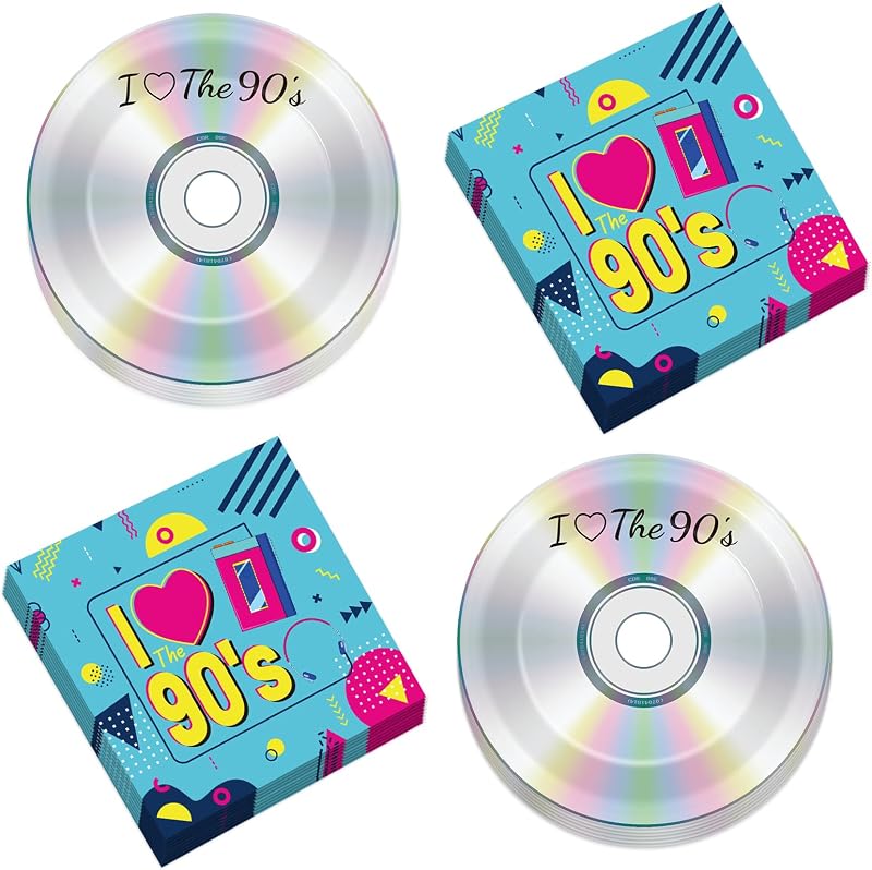 CHUNNIN 50Pcs 90's Party Paper Plates and Napkins for 25 Guests | Durable Paper, 1990s Retro Theme Birthday Party, I Love the 90s Disposable Dessert Tableware, CD Plates and Napkins Set