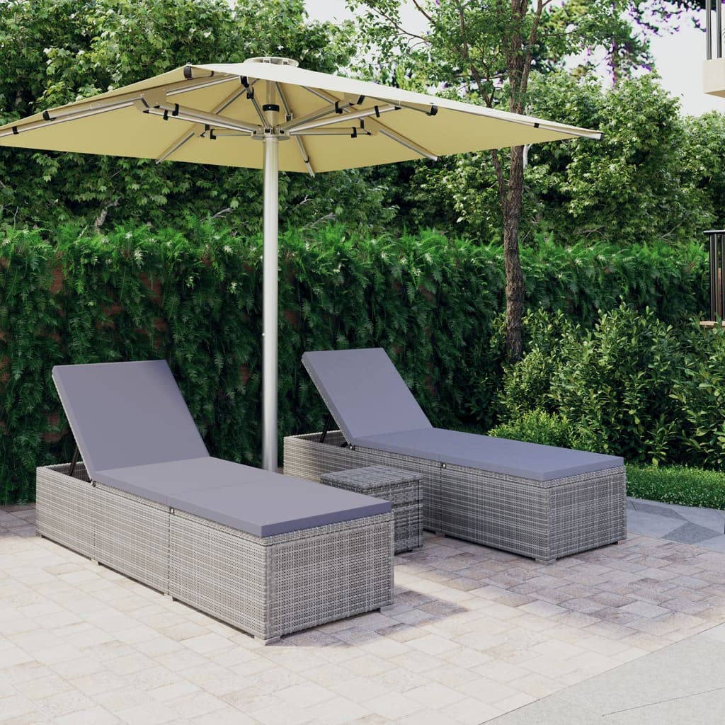 Tumbona de jardín, baño de sol, tumbona de relax exterior, sillas largas de jardín, mesa de té, 3 piezas de resina trenzada gris