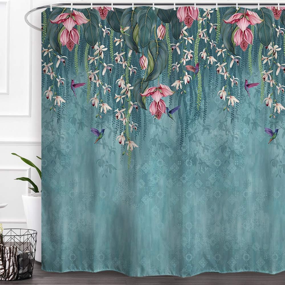 Baccessor Turquoise Botanical Floral Shower Curtain Vintage Teal Blue Aesthetic Blooming Flower Weeping Hummingbird Rustic Bohemian Waterproof Fabric Bathroom Curtain with Hooks,72 x 72 Inch