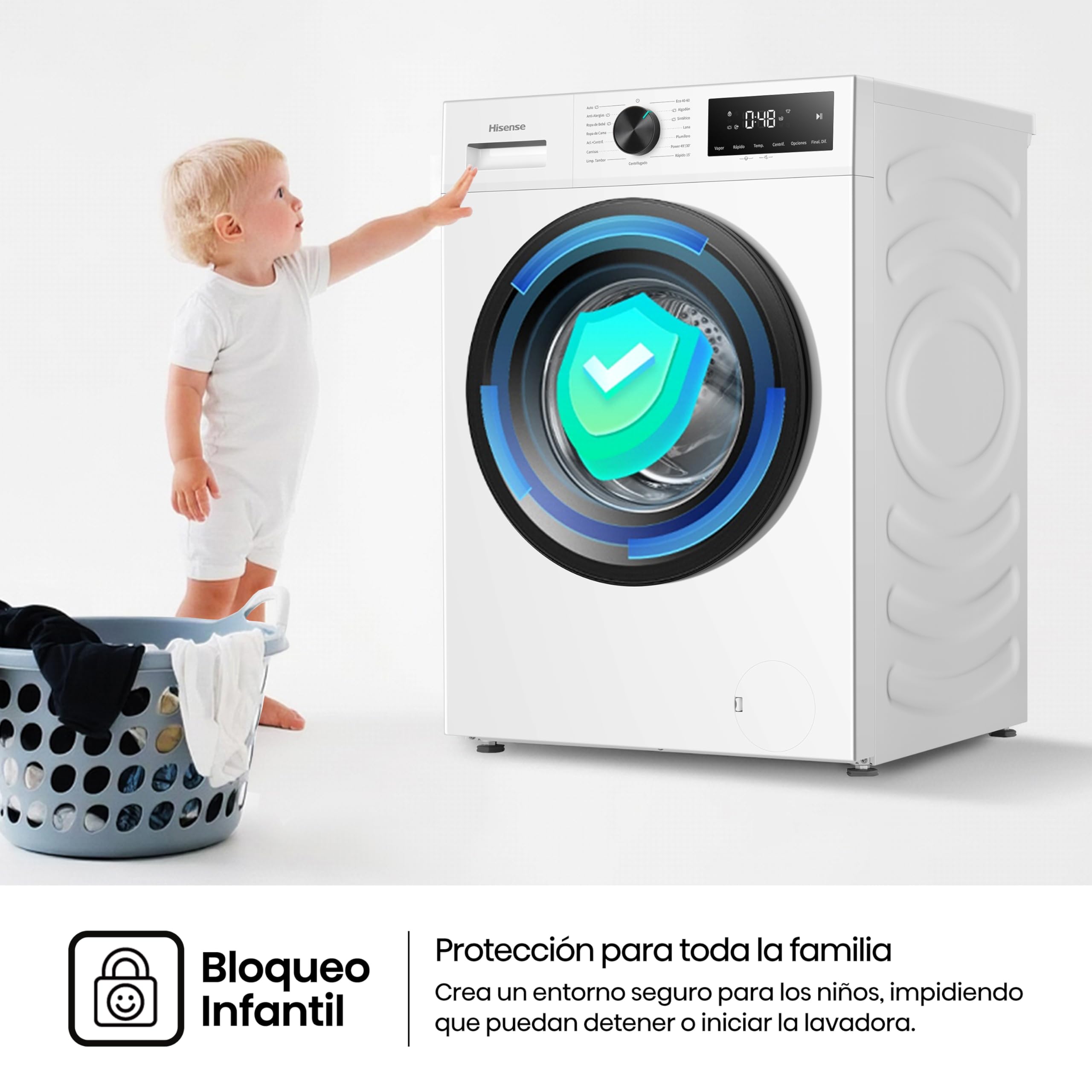 Hisense WF1I1142BWL - Lavadora 11 Kg, 1400 rpm, Clase A, Fondo 59cm, Lav. Power 49’ y Rápidos 30' y 15', Dispensador Automix, Lavado Auto Wash, Antiarrugas, iFit™ Fondo Optimizado, Vapor 99,9%, Blanco
