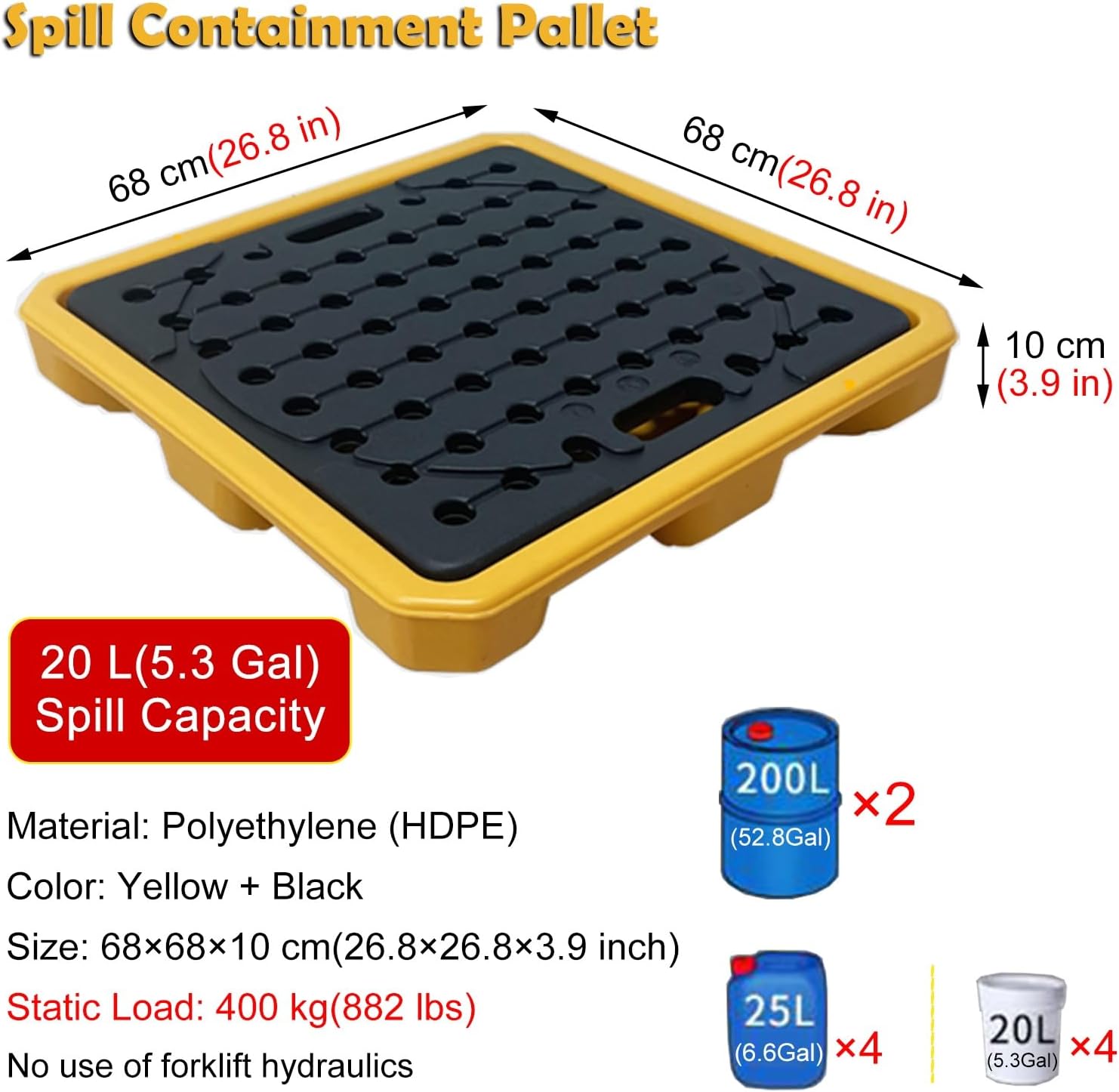 Stackable Drum Spill Containment Tray 26.8"x26.8"x4", 5.3 Gallon Sump, Heavy-Duty Grating for Industrial Double Barrel Storage, Ideal for Warehouses and Safety Compliance
