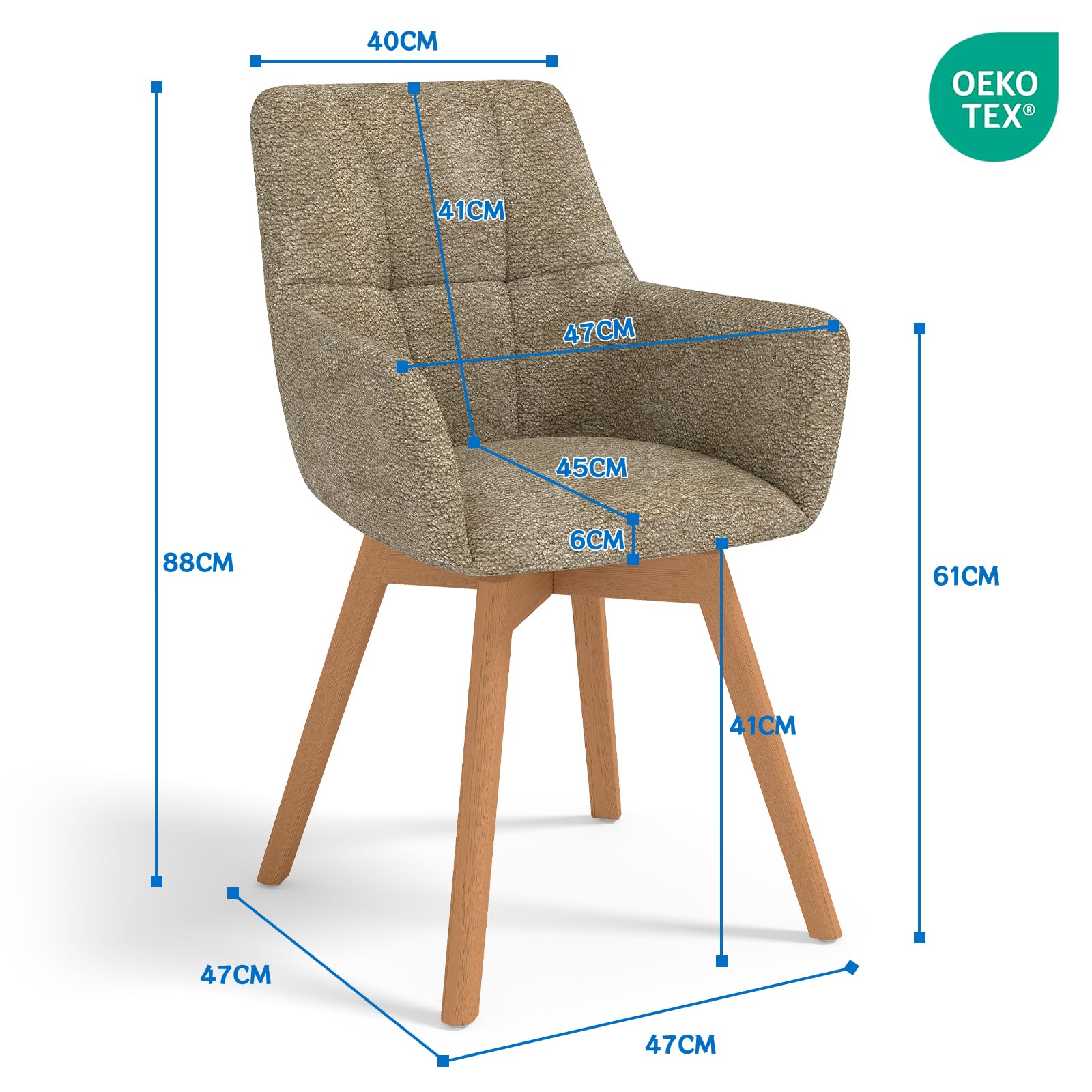 LEWE Sillas de Comedor Giratorias Juego de 6, Reposabrazos, Patas de Madera | Silla Giratoria de 360°, Silla Tapizada con Respaldo Ergonómico de Tela, para Comedor, Cocina, Salón , Marrón
