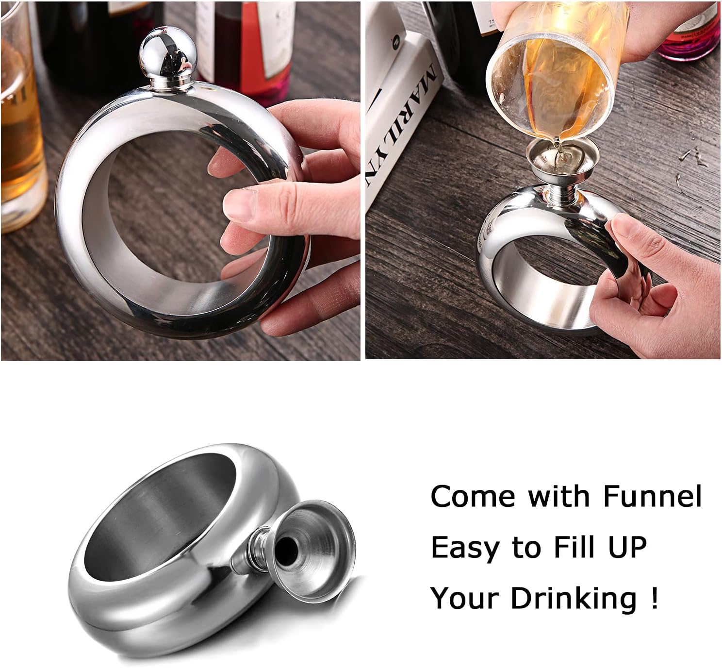  | 8th Day Fashion Flask Bracelet Bangle for Women 304 Stainless Steel Flask Handmade Crystal Lid Flask Gift Hidden Flask Women Girls Men Party Flask Funnel Set 3.5oz (Silver): Flasks