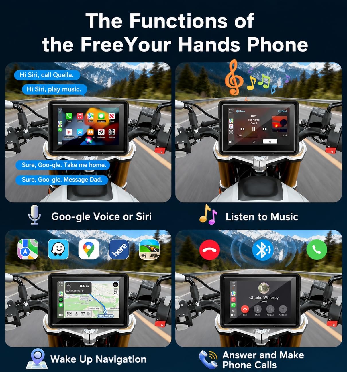 Motocyklowy ekran Carplay Android Auto z 5-calowym wodoodpornym ekranem dotykowym, bezprzewodowe Carplay i Android Auto, nawigacja GPS Siri GOO-gle
